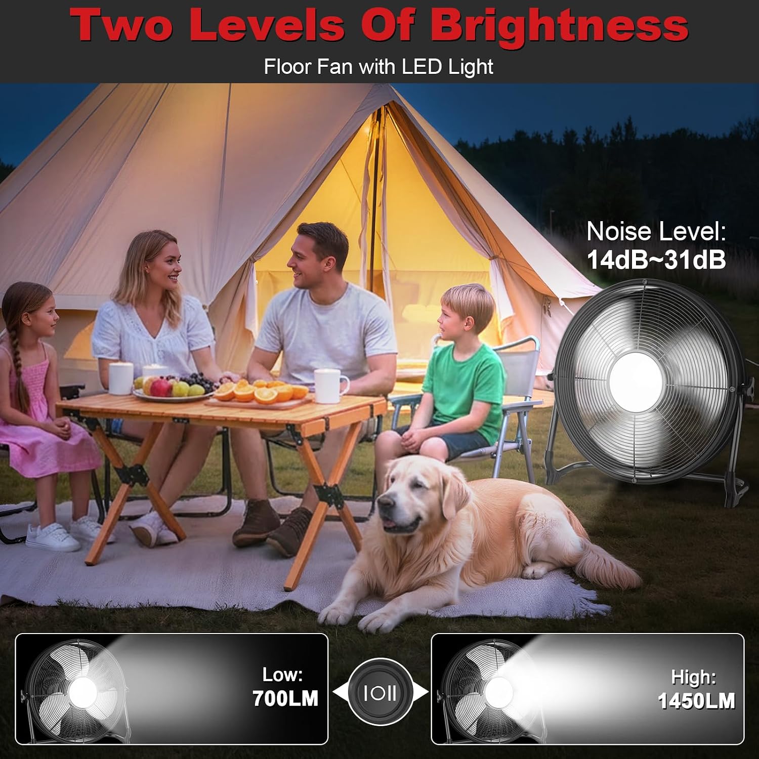 16' Battery Operated Floor Fan with Light Compatible with Milwaukee M18 18V Battery, Portable Fan with AC Adapter and USB Output, Metal High Velocity, Stepless Speed Cordless Fan for Jobsite Camping