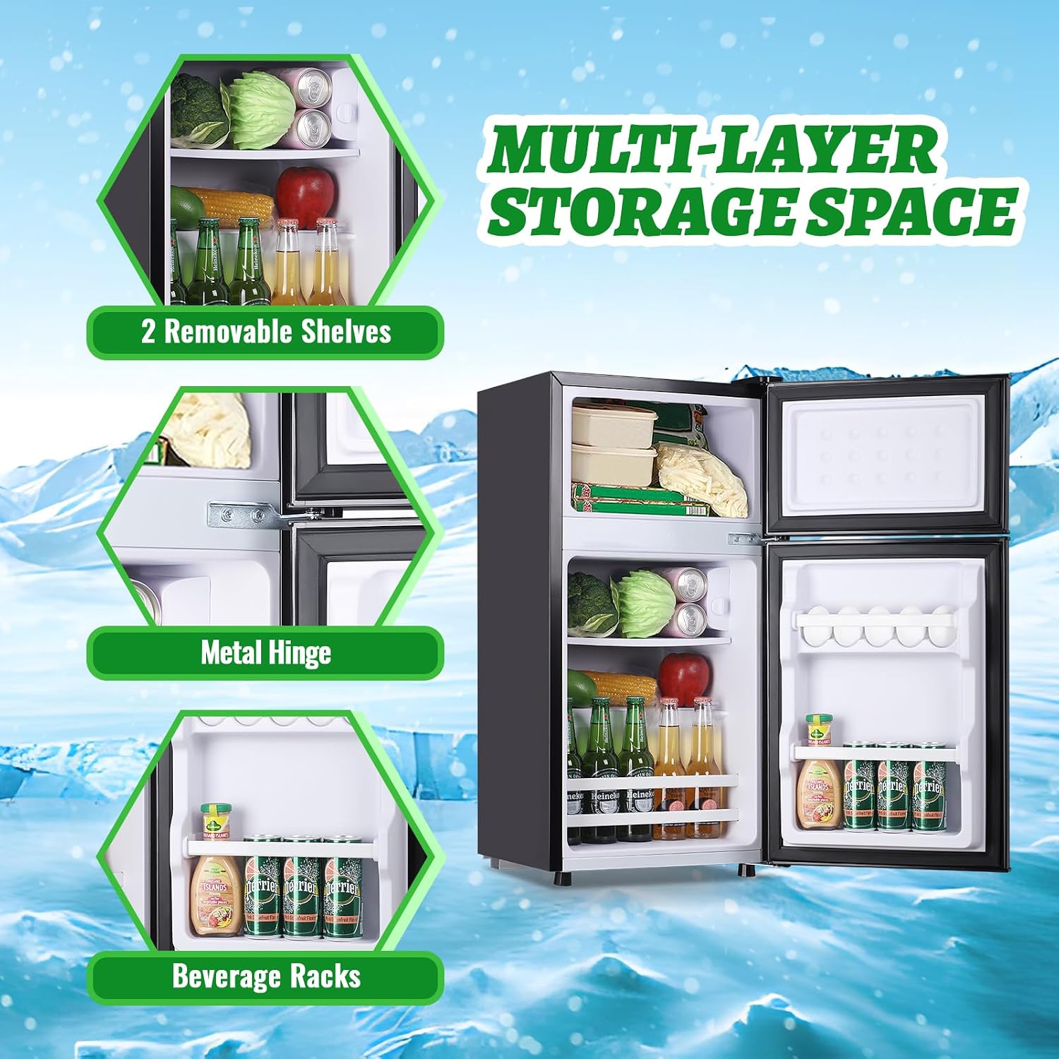 DEMULLER Mini Fridge with Top Freezer Apartment Size Dual Door Compact Small Refrigerator for Personal Use Small Mini Fridge with Egg tray, 7 Temperature Control For Dorm, Apatmet, Dark Grey