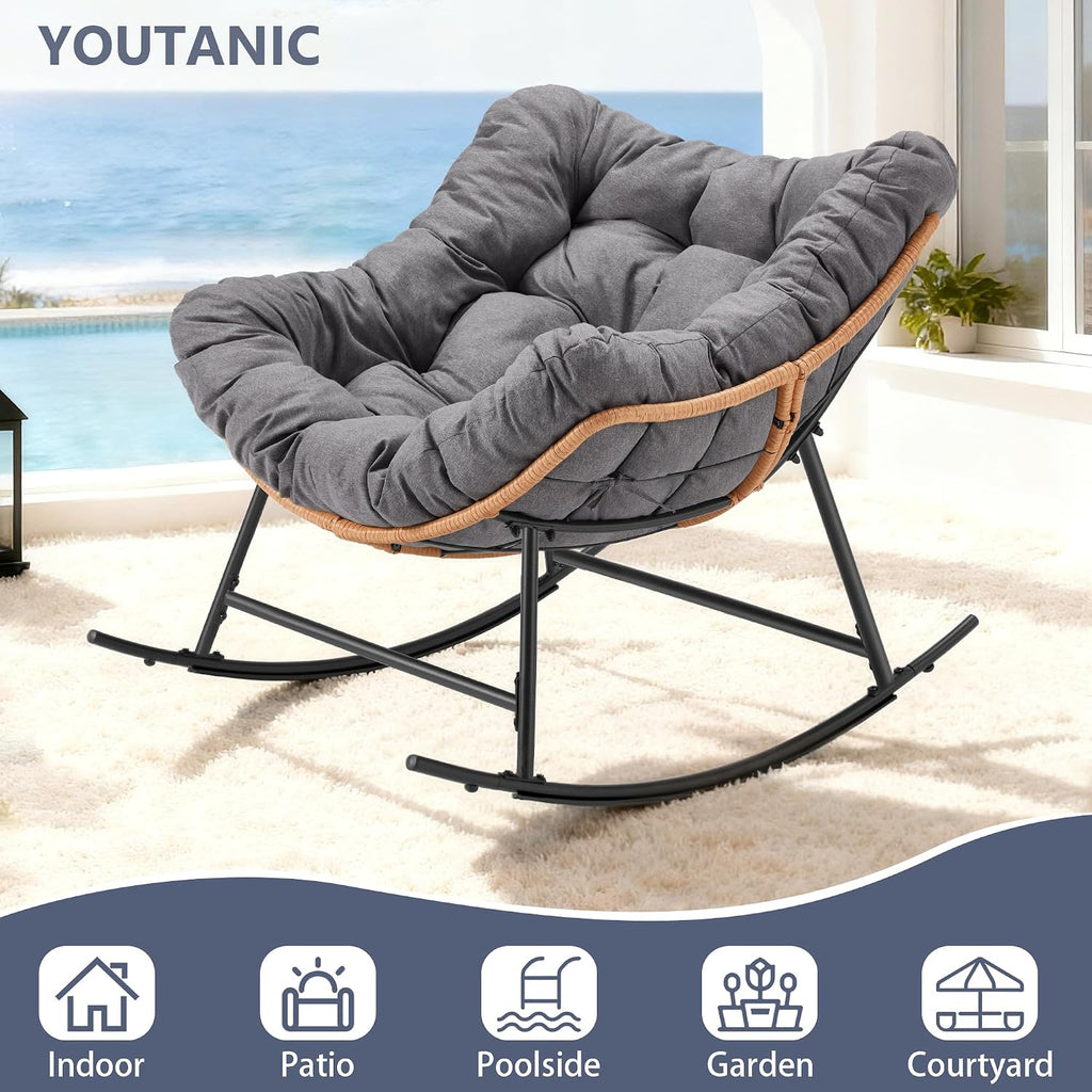 Youtanic Outdoor Rocking Chair, Oversized Papasan Reading Chair Indoor with Thick Cushion, Comfy Rattan Rocker Egg Chair for Patio, Garden, Balcony, Lawn, Backyard, Bedroom, up to 450lbs, Dark Gray