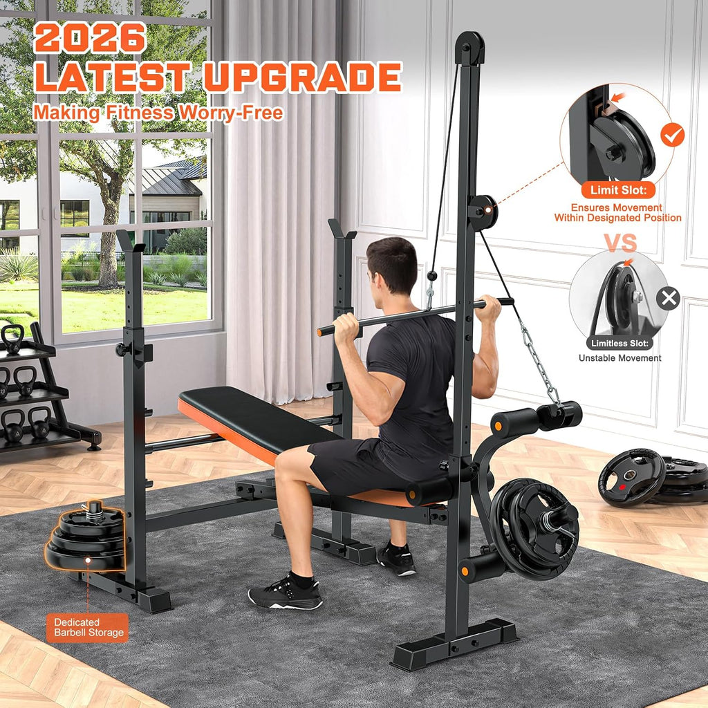 9-in-1 Adjustable Olympic Weight Bench with Lat Pulldown, Row, Squat Rack & Leg Curl – Multi-Function Strength Training Bench Press for Home Gym Full Body Workout
