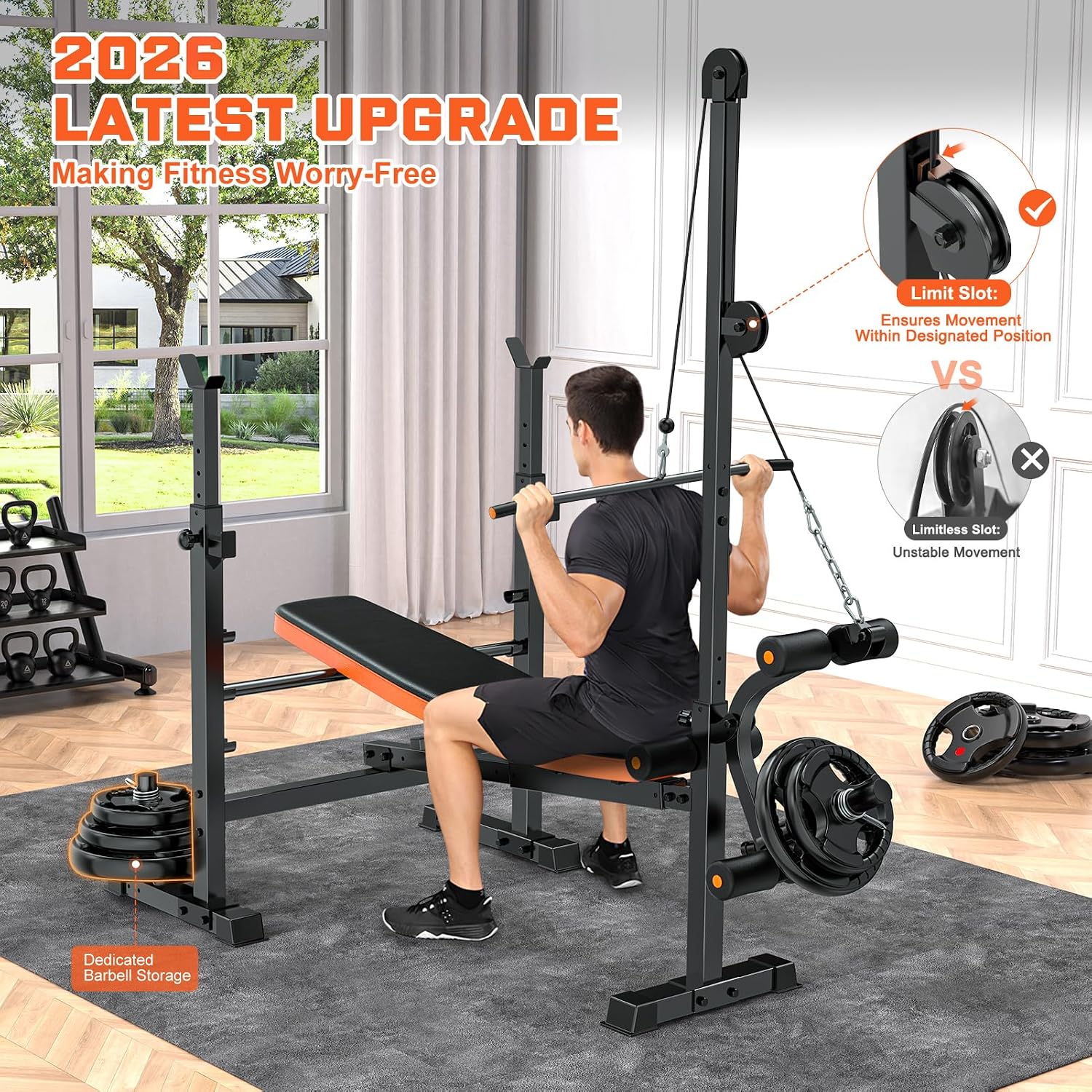 9-in-1 Adjustable Olympic Weight Bench with Lat Pulldown, Row, Squat Rack & Leg Curl – Multi-Function Strength Training Bench Press for Home Gym Full Body Workout