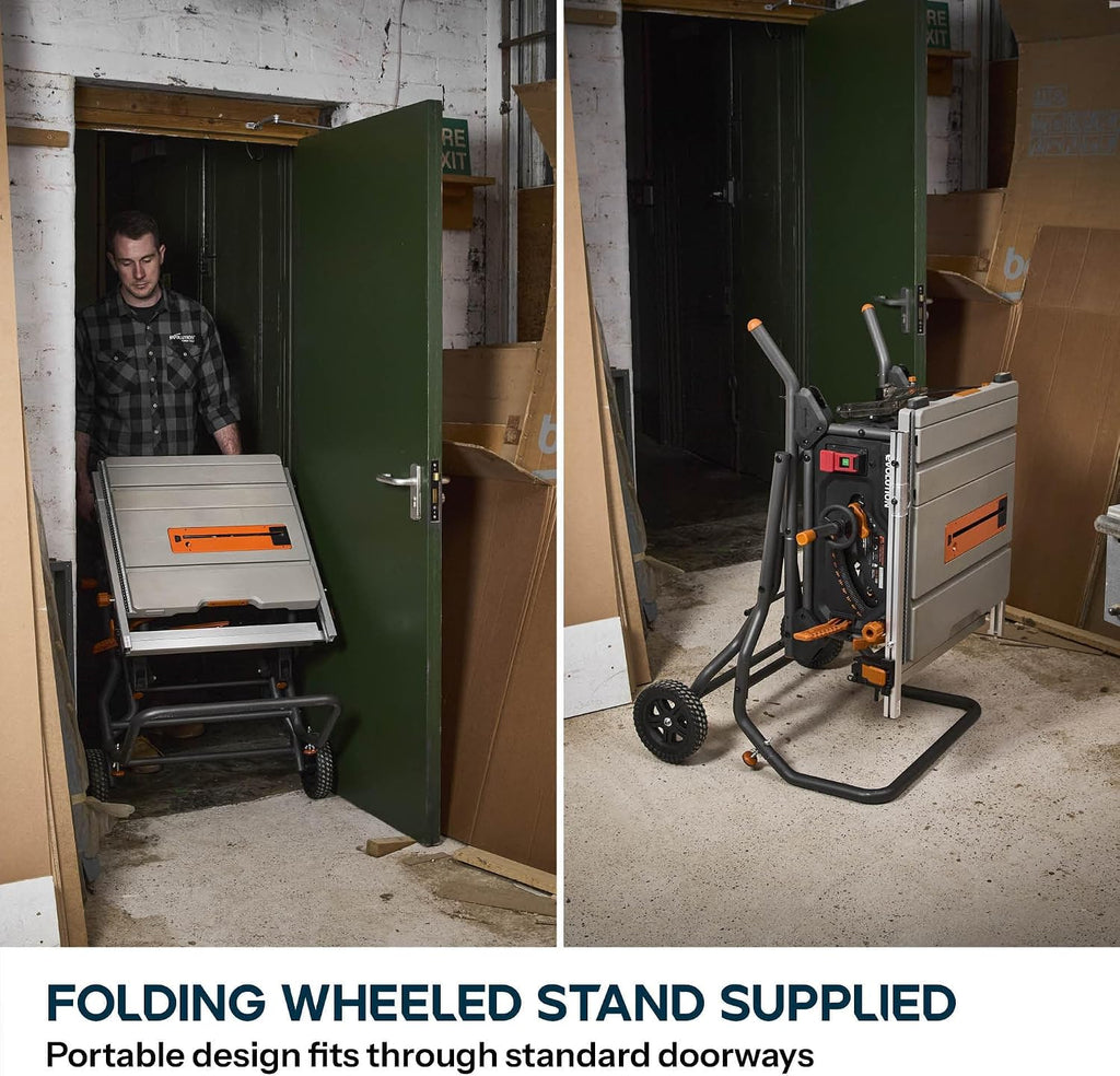 Evolution R10TBLX 10' Jobsite Table Saw with Wheeled Stand | Zero-Clearance Throat Plate | Dado Plate Included | 15A Motor | 26' Rip | 3-3/8' Cut | 0-45° Bevel | Precision Fence | Heavy Duty Portable