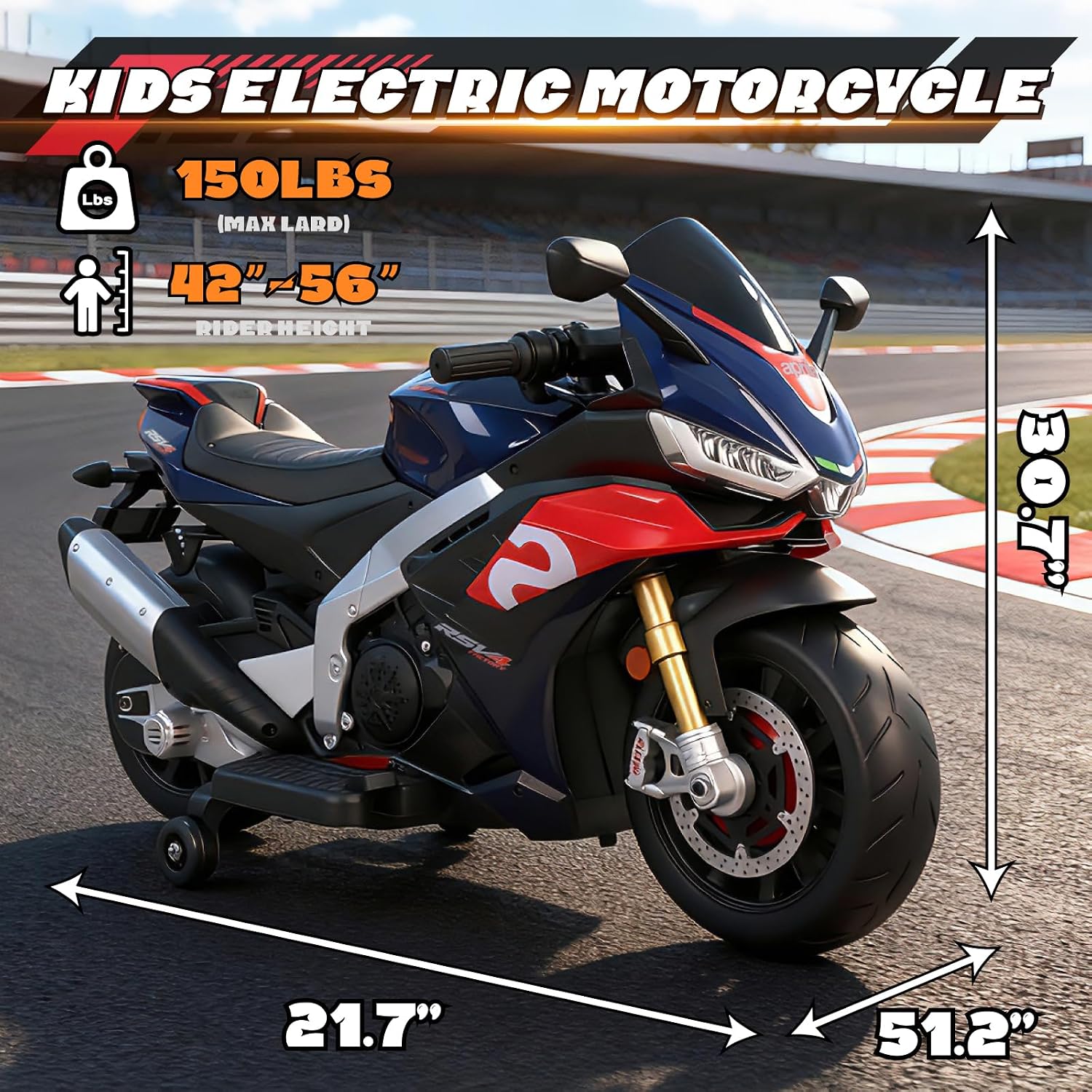 HEIMILI 24V Kids Motorcycle, Aprilia RSV4 Licensed Electric Ride on for 3-6 Years, 51' Large Motorbike with Training Wheels, Bluetooth, Speed 5mph (Blue, 24V(51 * 31 * 22))