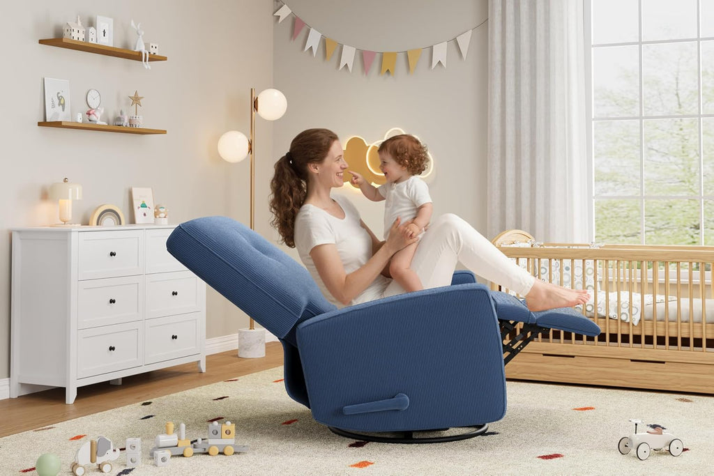 Garvee Nursery Recliner Chair, 360° Swivel Rocking Glider Chair for Adults with Adjustable Backrest & Footrest, Upholstered Armchair for Living Rooms, Bedrooms, Apartments, Blue