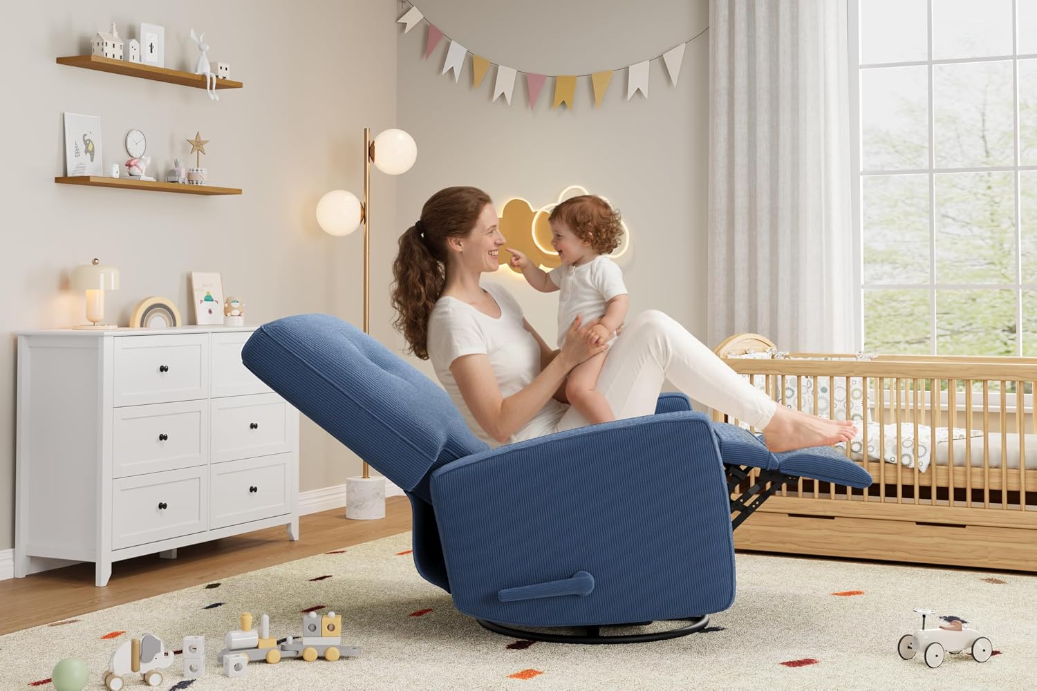 Garvee Nursery Recliner Chair, 360° Swivel Rocking Glider Chair for Adults with Adjustable Backrest & Footrest, Upholstered Armchair for Living Rooms, Bedrooms, Apartments, Blue