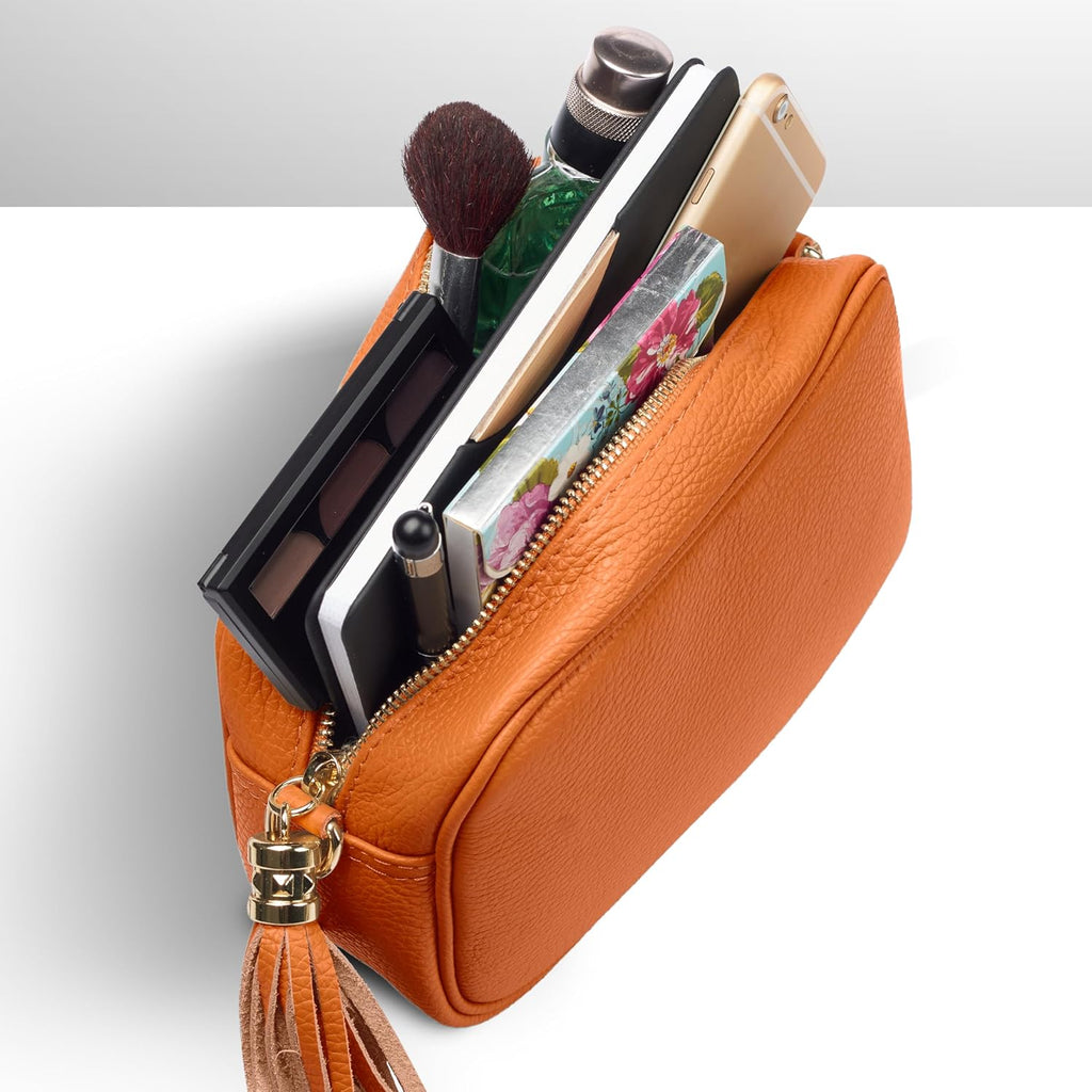Italian Calf Leather Crossbody Bag for Women with Tassel Zipper | Small Camera Purse Shoulder Handbag Pocketbook
