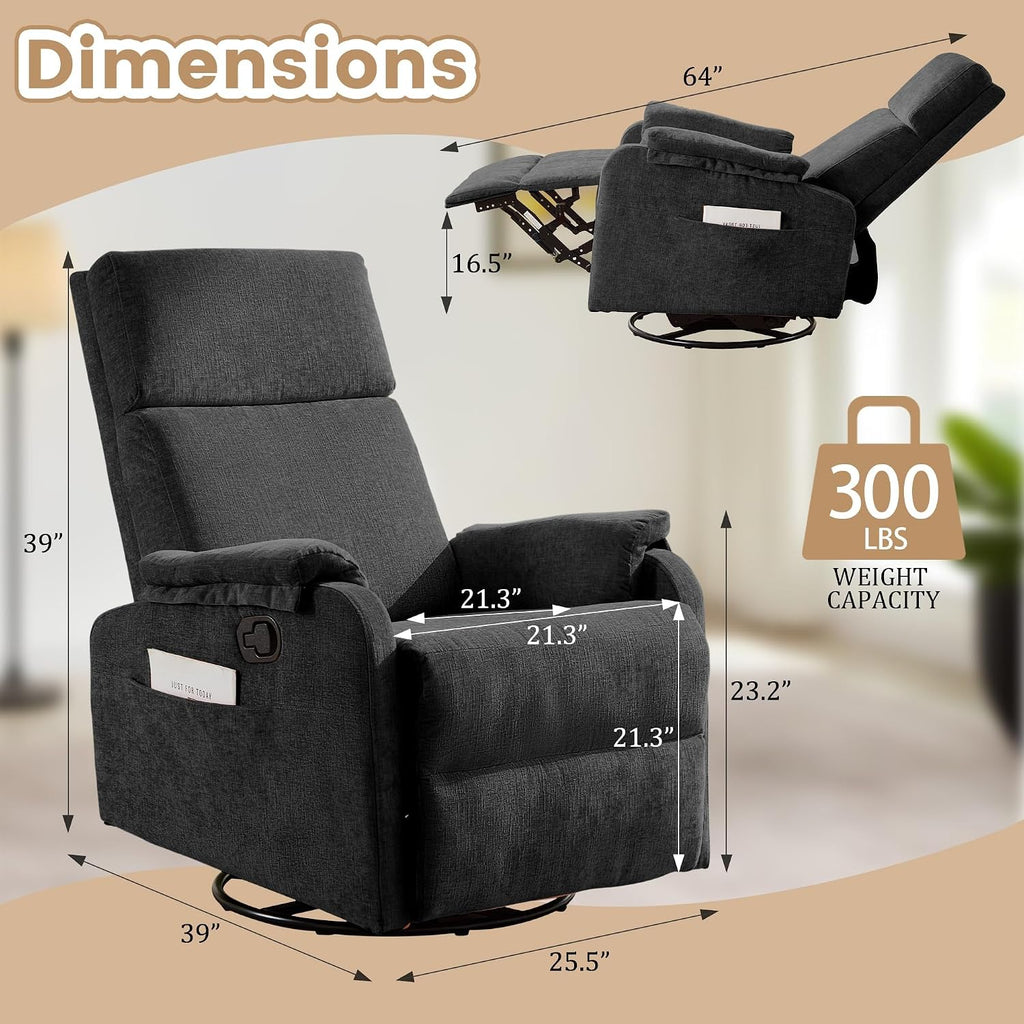 Korser Swivel Rocking Recliner with Massage, Small Glider Chair for Nursery, Modern-Designed Armrests Chair for Adults Living Room, Chenille, Black