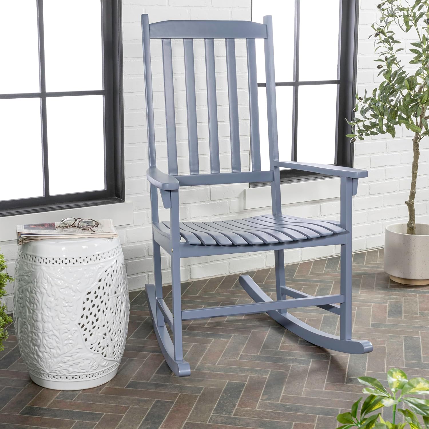 JONATHAN Y RCK300F Seagrove Farmhouse Classic Slat-Back 350-LBS Support Acacia Wood Outdoor Rocking Chair Traditional, Coastal, Cottage, Vintage, Shabby Chic, Cashmere Blue
