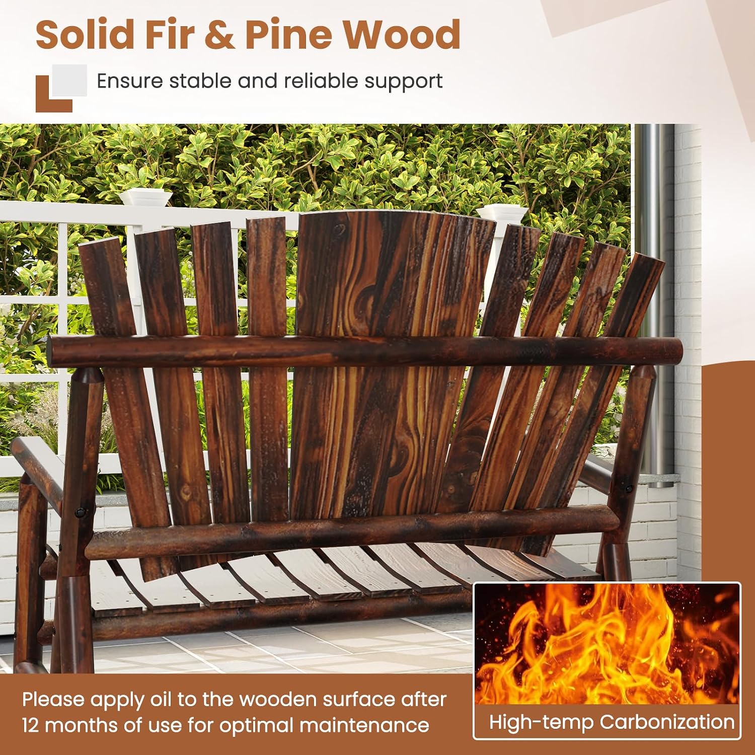 Tangkula 2-Person Wood Outdoor Rocking Chair, Outside Adirondack Rocker with High Back and Slatted Seat, Oversized Porch Rocking Chair for Balcony, Garden, Backyard, Patio