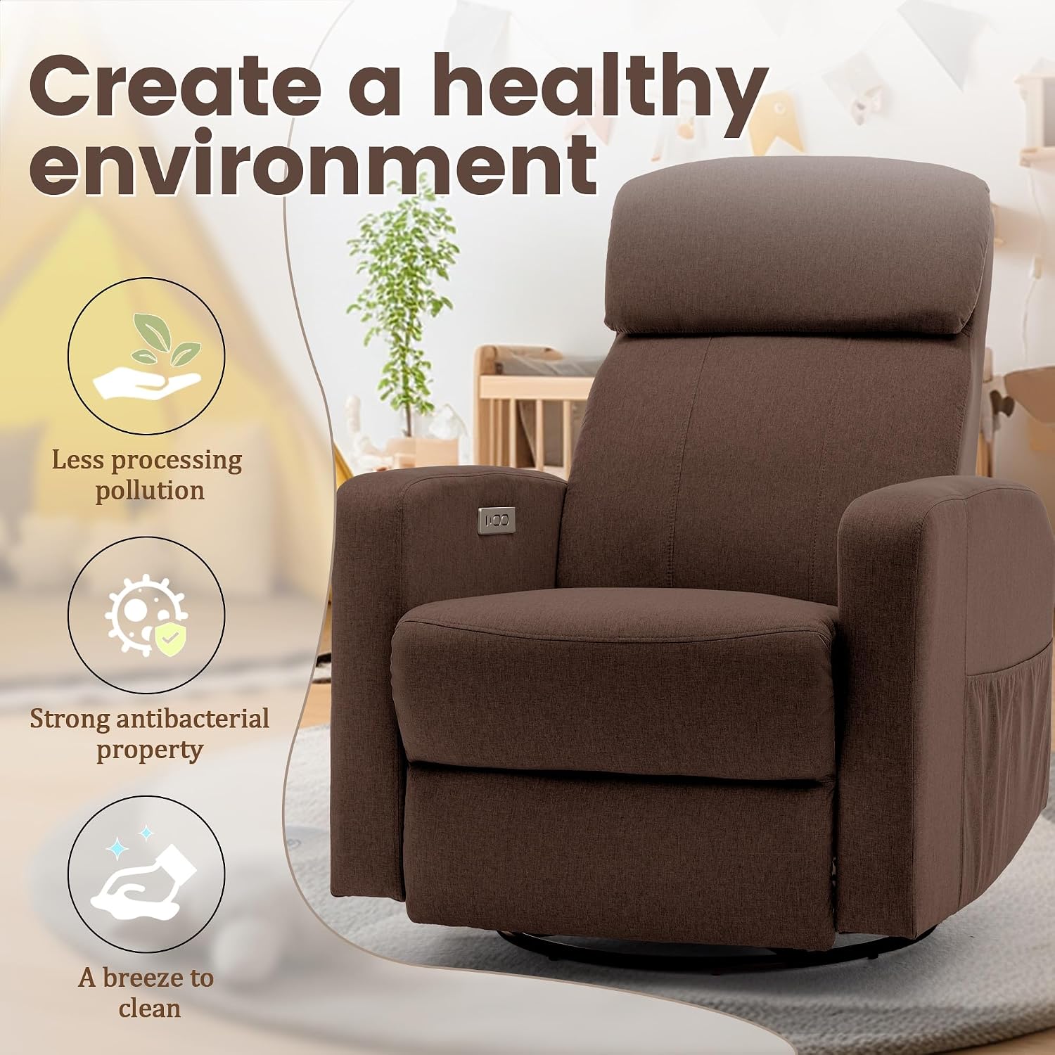 Korser Power Swivel Recliner Chairs for Adults, Electric Glider Rocking Chair Nursery, Glider Recliner Nursery Chair with Classified Side Pocket, Nursery Rocking Chairs with USB and Type-C Ports