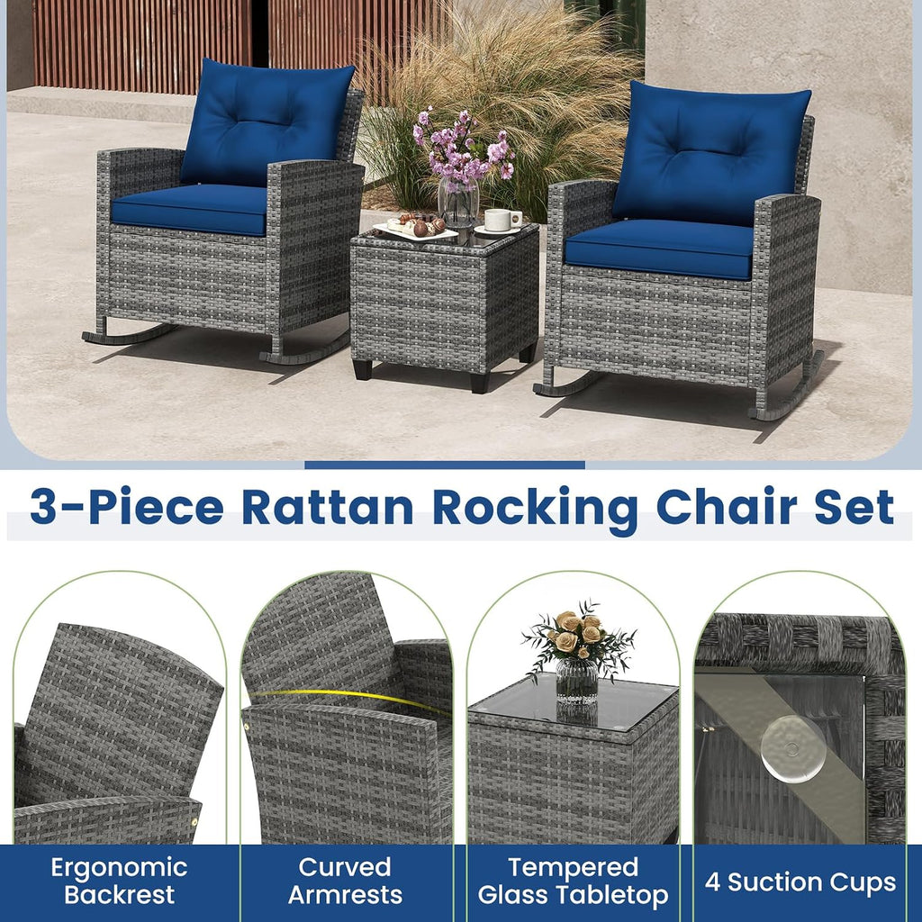 Tangkula 3 Piece Wicker Rocking Set, Patio Rattan Roker Chairs with Tempered Glass Table & Soft Cushions, Outdoor Furniture Set for Backyard, Poolside Porch (Mix Gray & Navy)