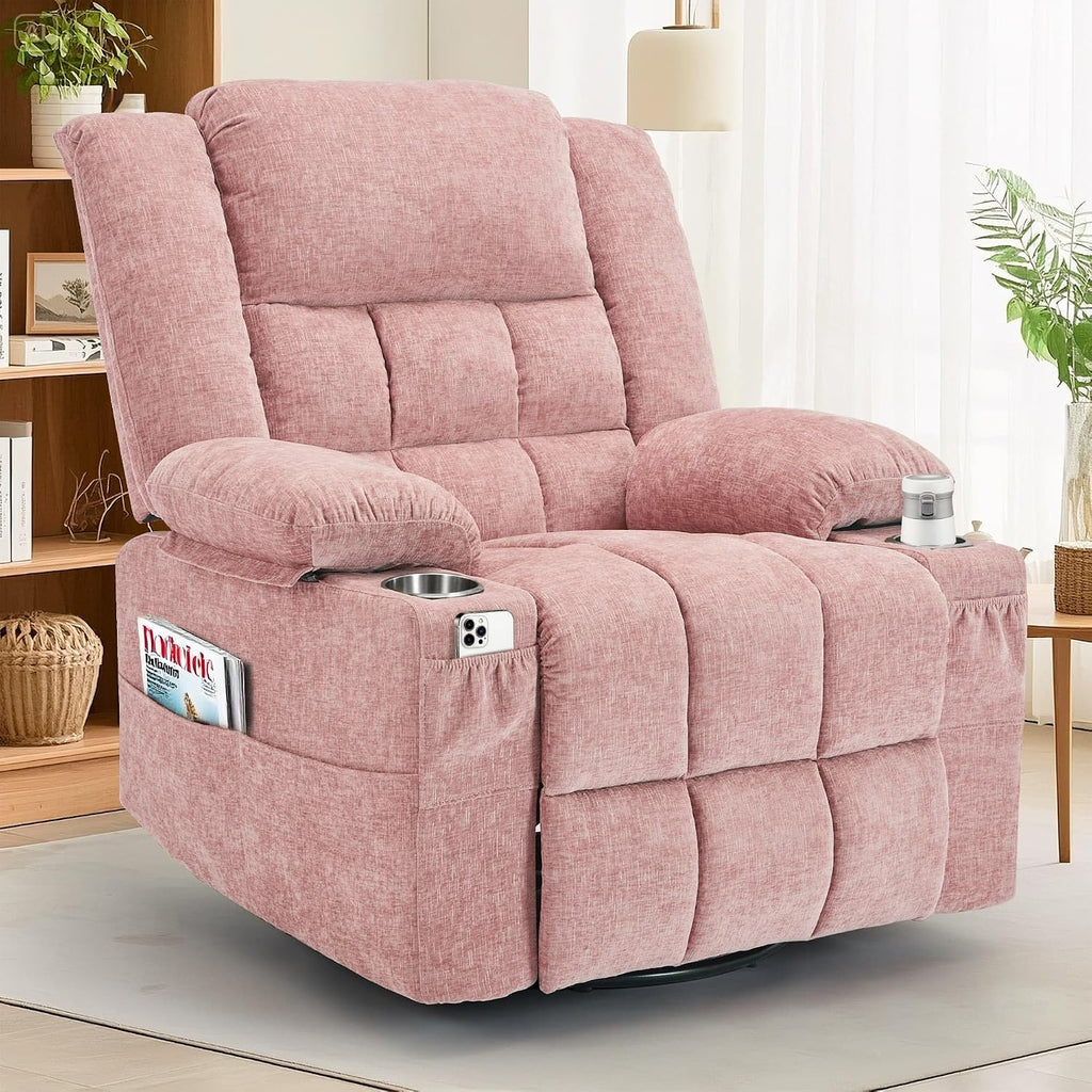Korser 360° Swivel Rocker Recliner for Adults, Nursery Glider Recliner with Massage and Heating, Rocking Chair with Cup Holder, Manual Recliner Chair for Living Room, Bedroom (Fabric, Pink)