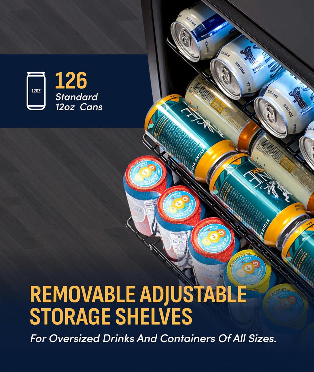 NewAir 126 Can Beverage Refrigerator | Freestanding Small Mini Fridge for Bedroom with Glass Door | Drink Cooler with Adjustable Shelves, Quiet Cooling & Locking Door | Black