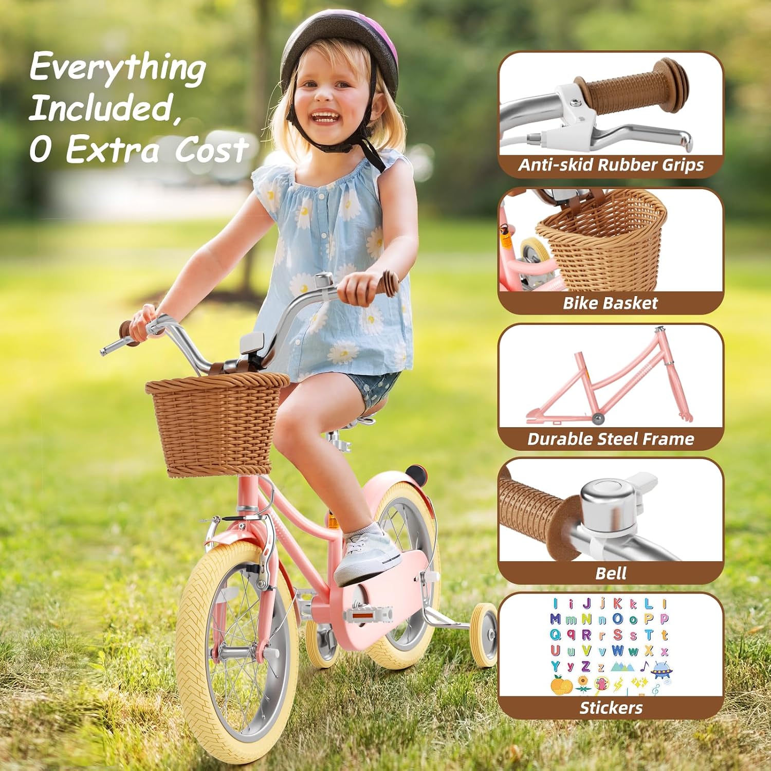 67i Girls Bike with Training Wheels 12/14/16/20 Inch, Toddler Girl Bicycle for Ages 3-12, Bicicleta para Niñas with Basket, Bell, Adjustable Seat & Handlebar, Padded Seat, Chain Guard