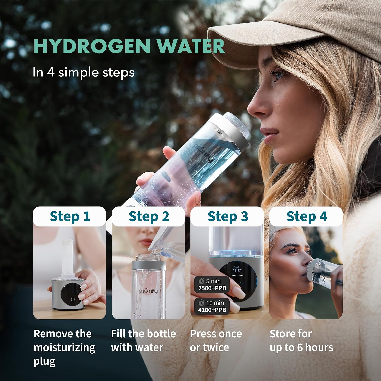 PIURIFY Hydrogen Water Bottle Generator - Up to 4100+ PPB Molecular Hydrogen Infusion - SPE/PEM Technology - Certified H2 Generator - Rechargeable - Extended Warranty - 10 oz (Silver)