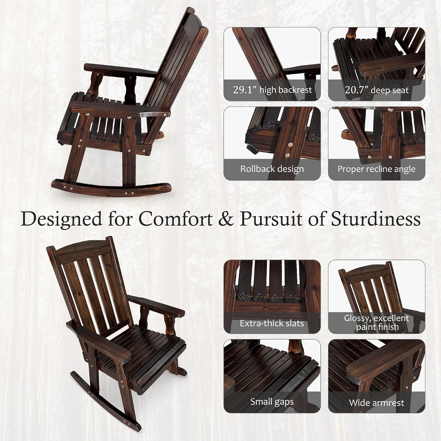 Fortune Candy Wooden Patio Rocking Chair with Comfortable Backrest Inclination, High Backrest and Deep Contoured Seat, Solid Fir Wood, Heavy Duty 600 LBS (Chocolate Tone, 1 Piece)