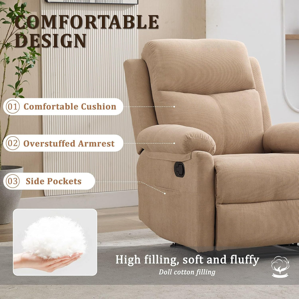 Korser Recliner Chairs, Small Recliners for Small Spaces, Manual Recliner for Adults with Side Pockets, Adjustable Overstuffed Comfy Corduroy Reclining Chair for Living Room, Bedroom, Reading, Khaki