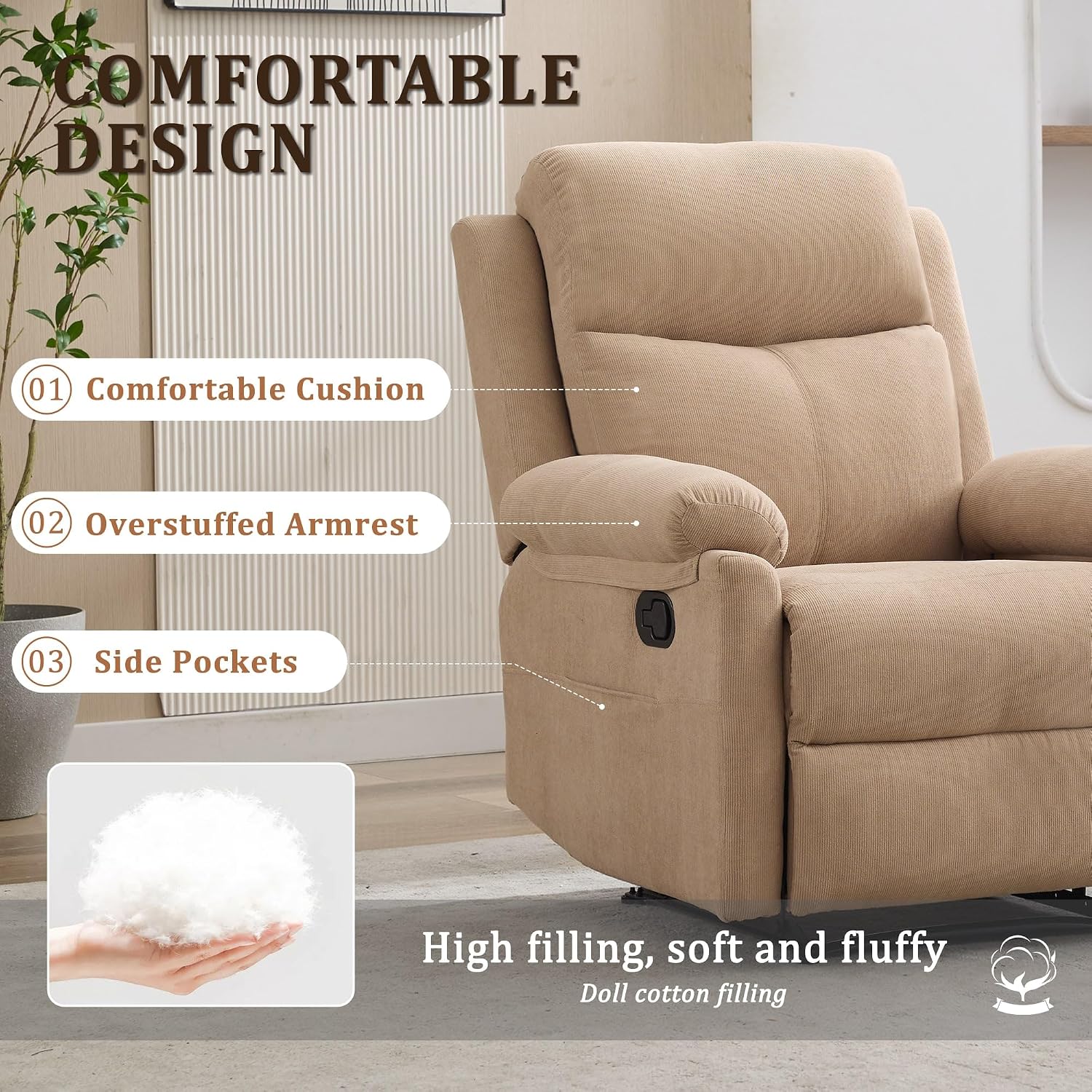 Korser Recliner Chairs, Small Recliners for Small Spaces, Manual Recliner for Adults with Side Pockets, Adjustable Overstuffed Comfy Corduroy Reclining Chair for Living Room, Bedroom, Reading, Khaki