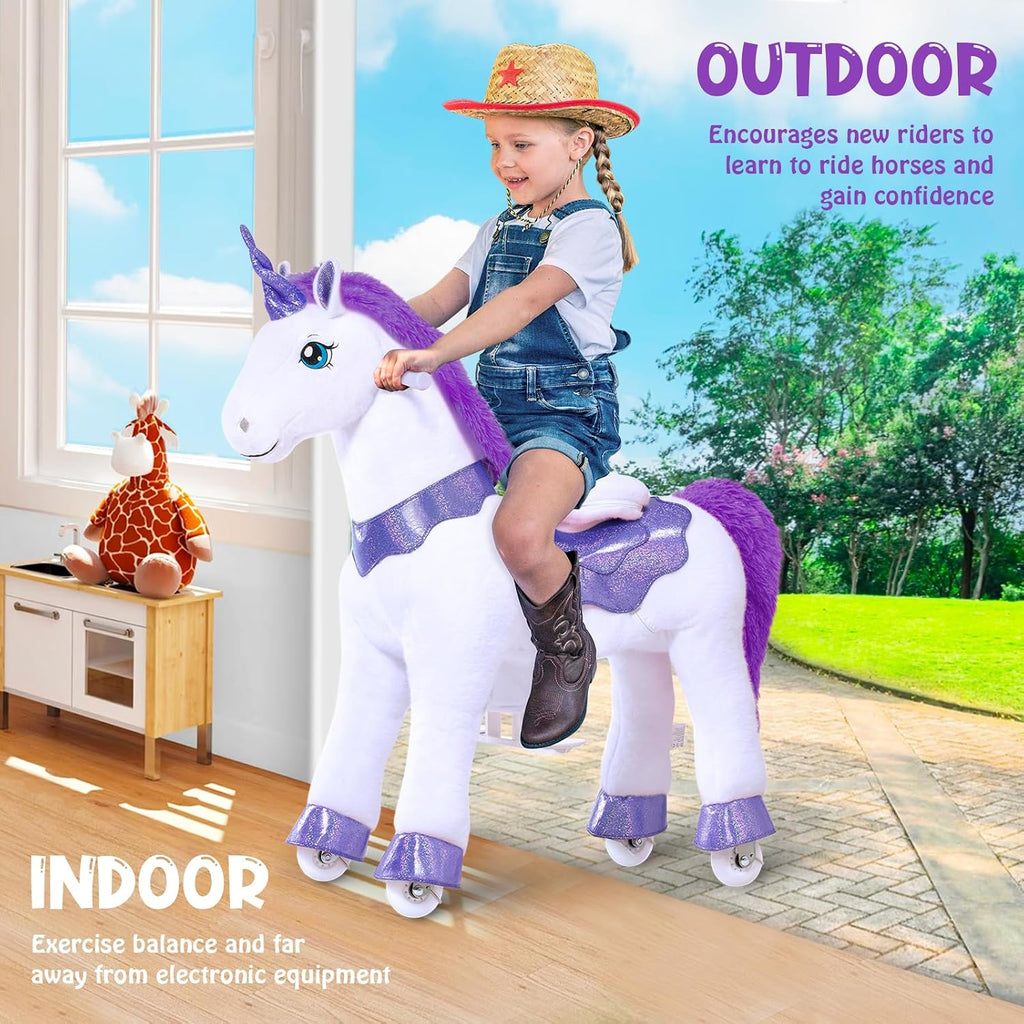 PonyCycle Ride on Unicorn for Kids 4-7 with Brake No Battery Required Unicorn Gifts for Girls (35.4' Height/Size 4) Plush Interactive Riding Rocking Riding Horse Ride on Toy Spirit Stuffed Animal E413