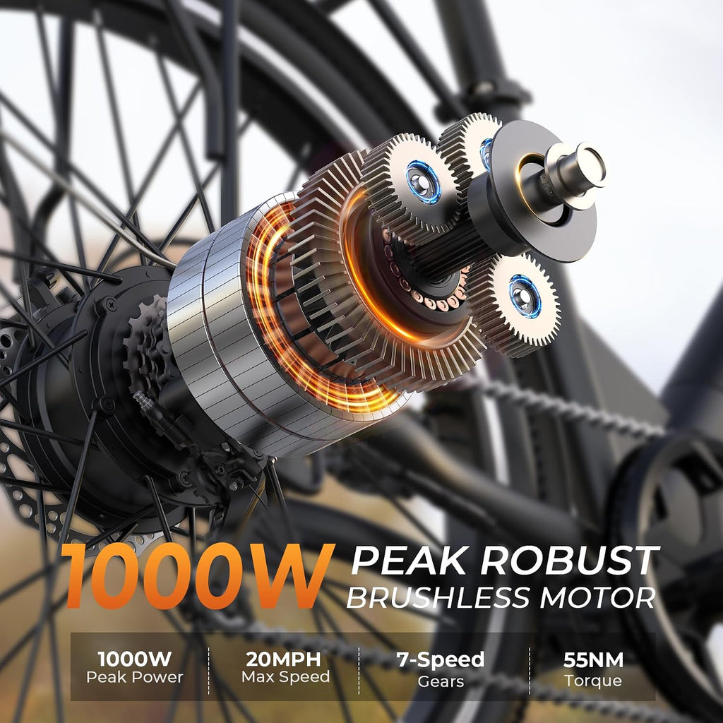 Electric Bike for Adults,26' Step-Thru EBike with 1000W Peak Motor,50 Miles 20MPH Adult Electric Bicycles with 48V Internal Removable Battery, Adjustable Stem,7 Speed,UL 2849 Certified