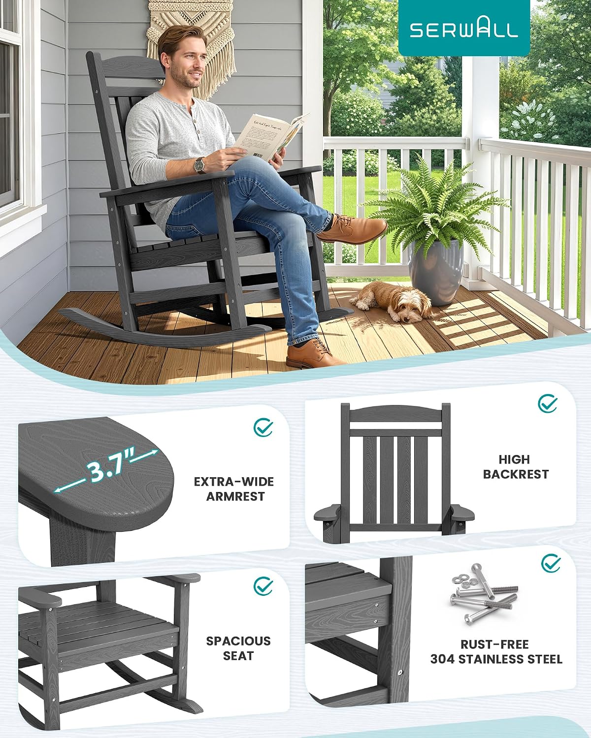 SERWALL Oversized Outdoor Rocking Chair Set of 6, HDPE Patio Rocking Chair, All-Weather Porch Rocker for Balcony, Yard, Dark Gray