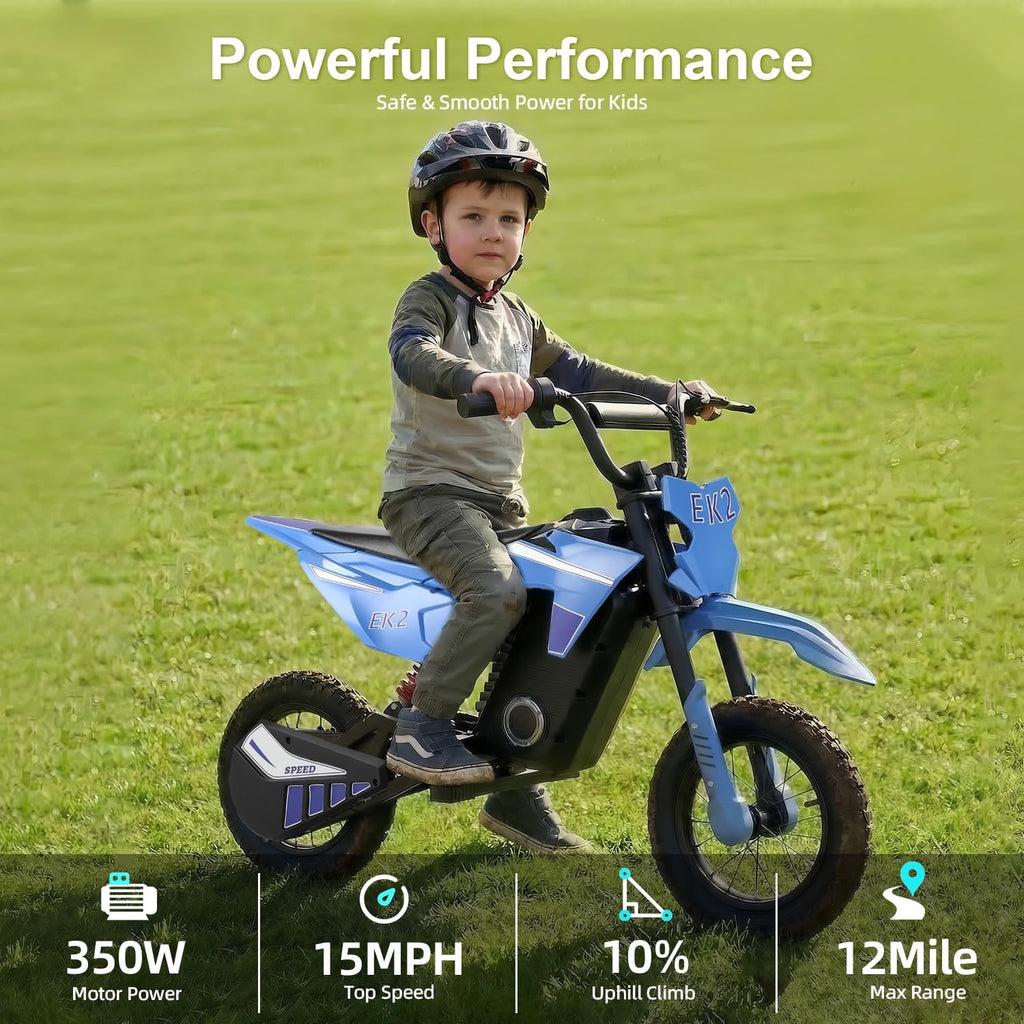 BLAZEGO EK2 Kids Electric Dirt Bike,350W Electric Motorcycle for Kids Ages 5-10,36V 5.2Ah Battery,15 MPH Max Speed,12 Miles Range,3-Speed Modes Motorcycle for Kids,Blue