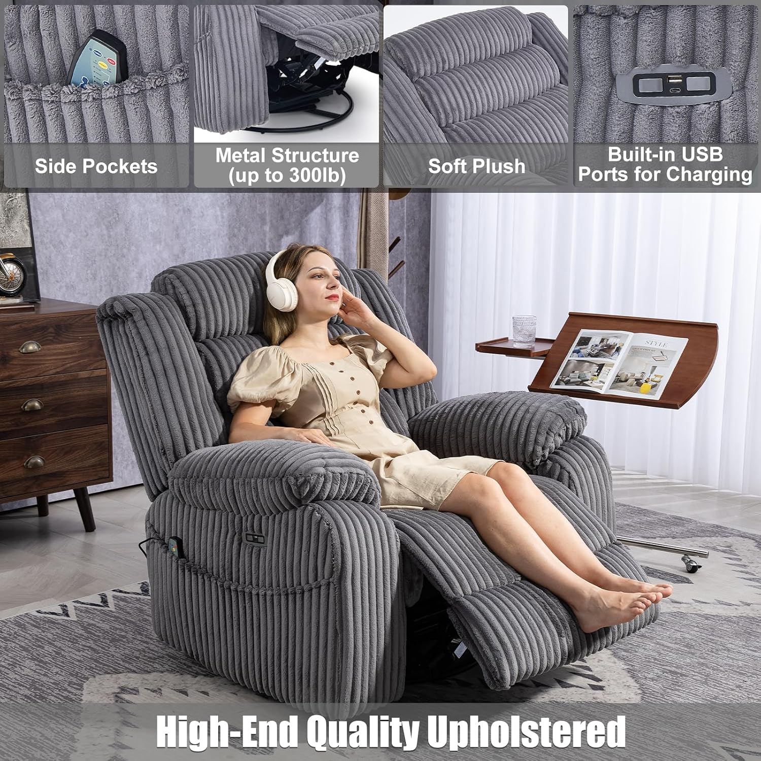 SINCRUMI Power Swivel Rocker Recliner Chair for Adults with Massgae and Heat, USB and Type-C Charging Port, Infinite Position, Electric Glider Rocking Chairs for Living Room, Nursery, Grey