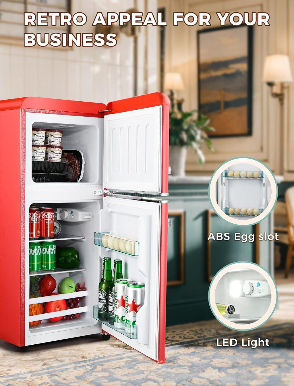 Anypro 3.2 Cu.Ft Refrigerator, Double Door Retro Fridge with Freezer, 7 Adjustable Temperature Settings, Low Noise, Removable Glass Shelves for Dorm, Office, Bedroom, Apartment, Red