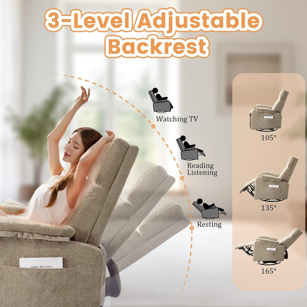 Korser Recliner Chair, Swivel Rocking Recliner Chair for Adults, Glider Rocking Chair, Small Nursery Chair Recliner for Living Room, Reclining Chair with Modern-Designed Armrests, Chenille, Khaki