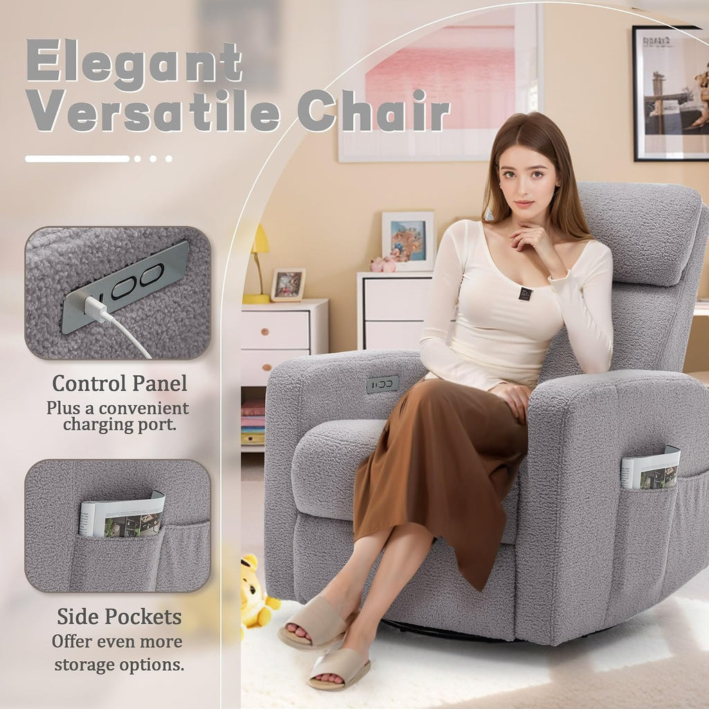 Korser Power Swivel Recliner Chairs for Adults, Electric Glider Rocking Chair Nursery, Glider Recliner Nursery Chair with Classified Side Pocket, Nursery Rocking Chairs with USB and Type-C Ports