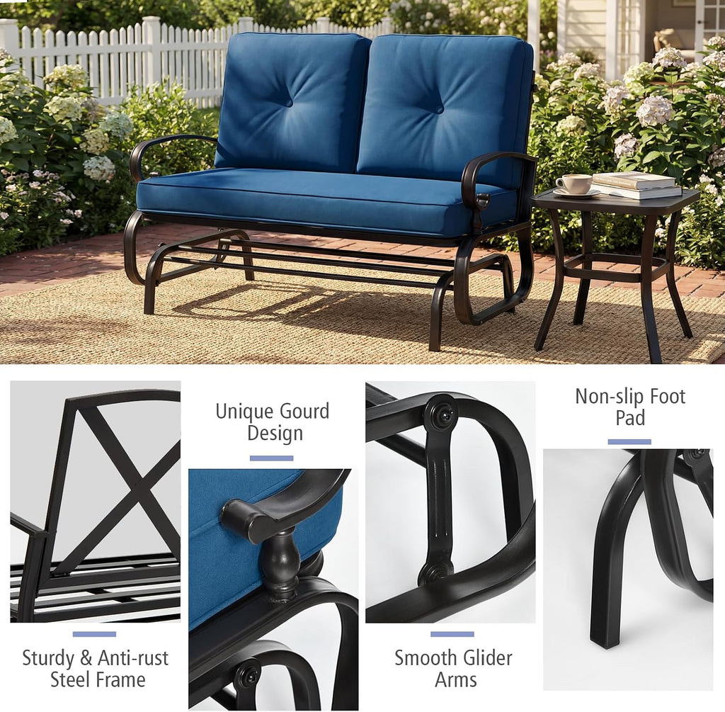 Giantex Outdoor Glider Bench, Patio 2 Person Loveseat with Removable Cushion, Thick Padded Seat, Stable Steel Frame, Outside Glider Swing Chair for Deck, Poolside, Yard, Porch Glider (Blue)
