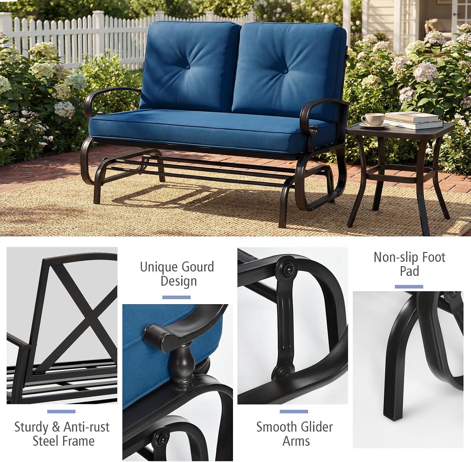 Giantex Outdoor Glider Bench, Patio 2 Person Loveseat with Removable Cushion, Thick Padded Seat, Stable Steel Frame, Outside Glider Swing Chair for Deck, Poolside, Yard, Porch Glider (Blue)