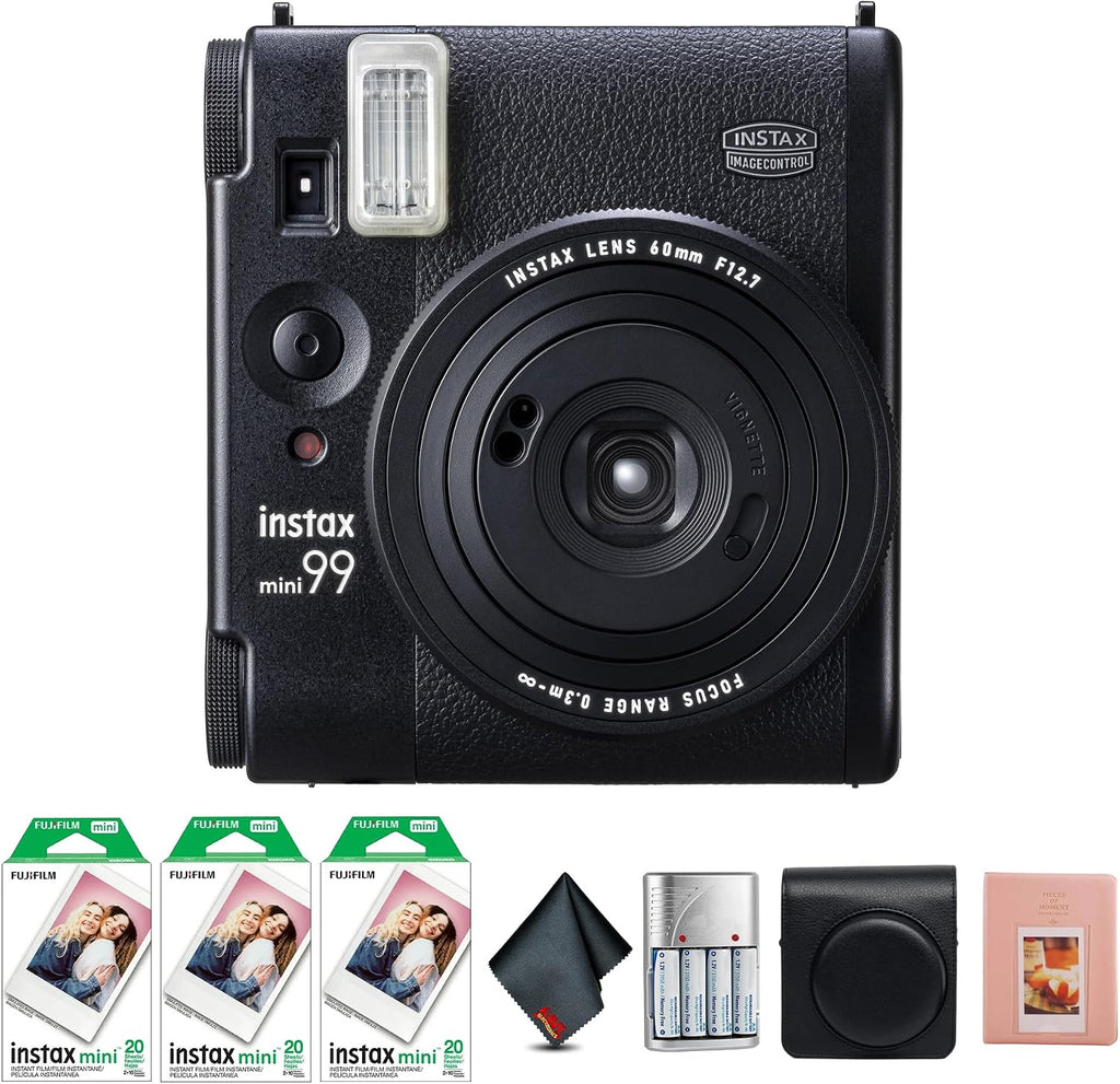 Fujifilm Instax Mini 99 Instant Camera Bundle with Fuji Instax Mini Instant Film Value Pack (60 Sheets) + Vintage Style Compatible Carrying Case - Black + Photo Album – 64 Pockets + More