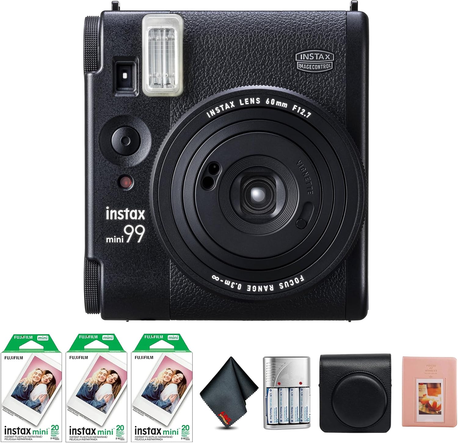 Fujifilm Instax Mini 99 Instant Camera Bundle with Fuji Instax Mini Instant Film Value Pack (60 Sheets) + Vintage Style Compatible Carrying Case - Black + Photo Album – 64 Pockets + More