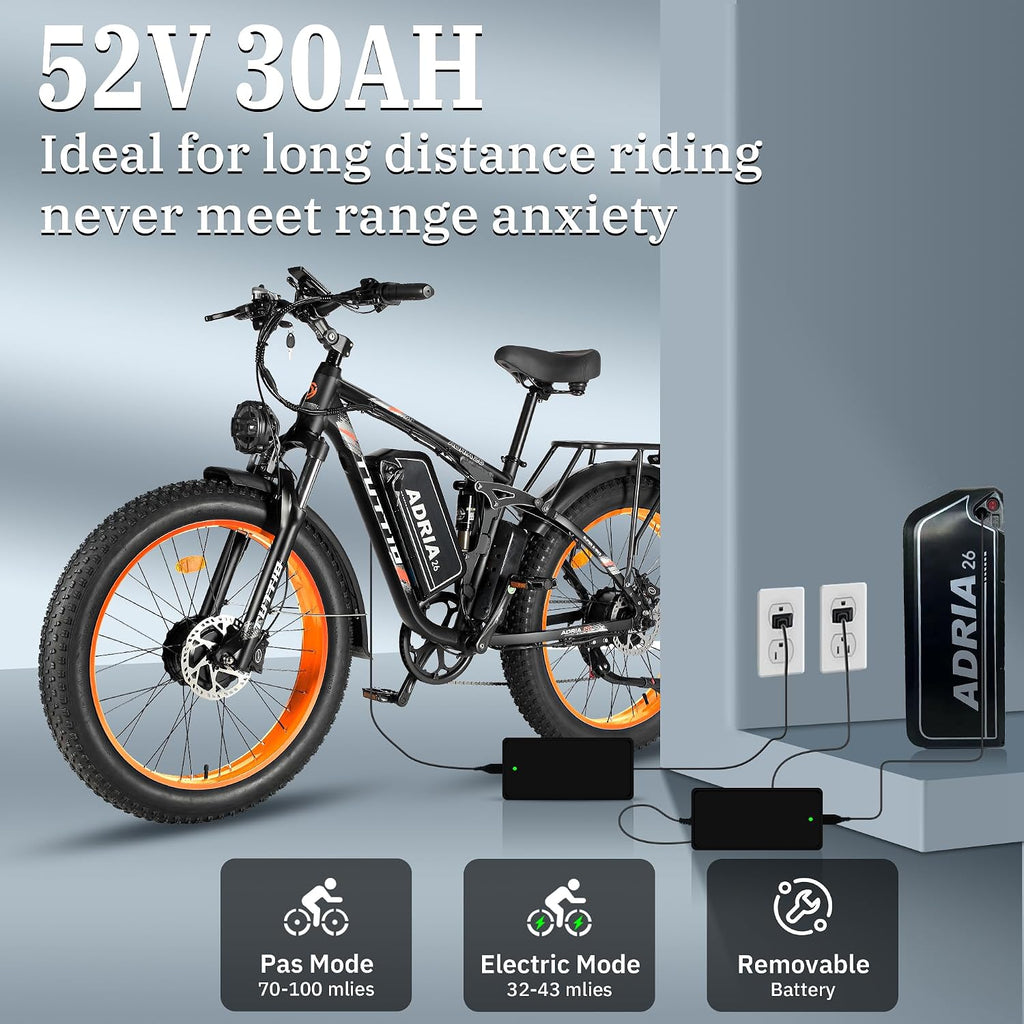 TUTTIO Adria26 5000W/6000W Dual Motor Ebike, 40-46MPH Electric Bike for Adults, 26' x 4' Fat Tire Electric Mountain Bike, 52V 25AH E-Bike Full Suspension Electric Dirt Bike for Off-Road Hunting