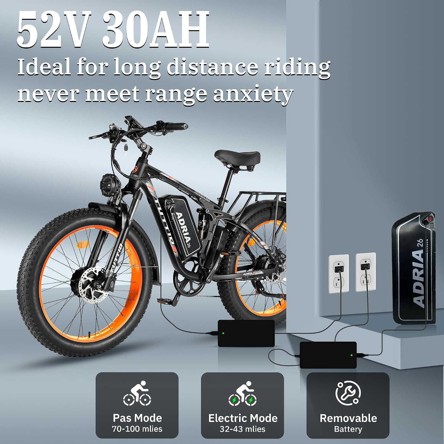 TUTTIO Adria26 5000W/6000W Dual Motor Ebike, 40-46MPH Electric Bike for Adults, 26' x 4' Fat Tire Electric Mountain Bike, 52V 25AH E-Bike Full Suspension Electric Dirt Bike for Off-Road Hunting