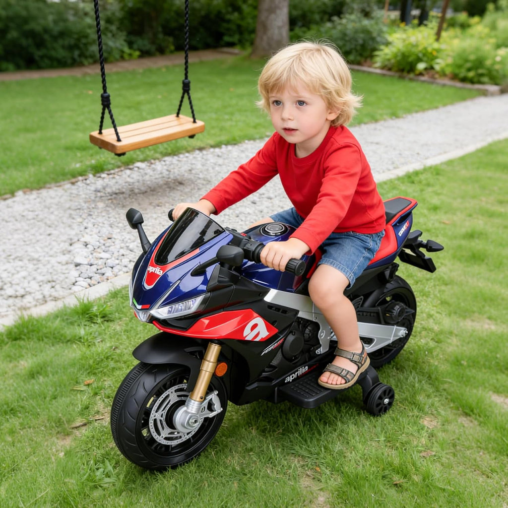 HEIMILI 12V Kids Motorcycle, Aprilia RSV4 Licensed Electric Ride on for 3 Years, 40' Small Motorbike with Training Wheels, Bluetooth, Speed 3mph (Blue, 12V(40 * 23 * 17))