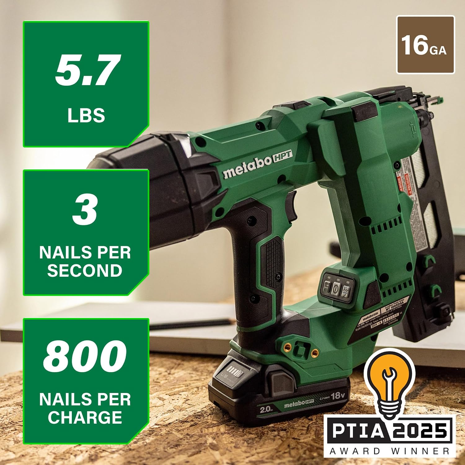 Metabo HPT 18V MultiVolt Brushless Pro 16-GA Straight Finish Nailer Kit, 16 Gauge Finish Nailer, Power Tool with 2.0Ah Lithium Ion Battery, 1' to 2-1/2' Nails, Powerful Brushless Motor, NT1865DSA