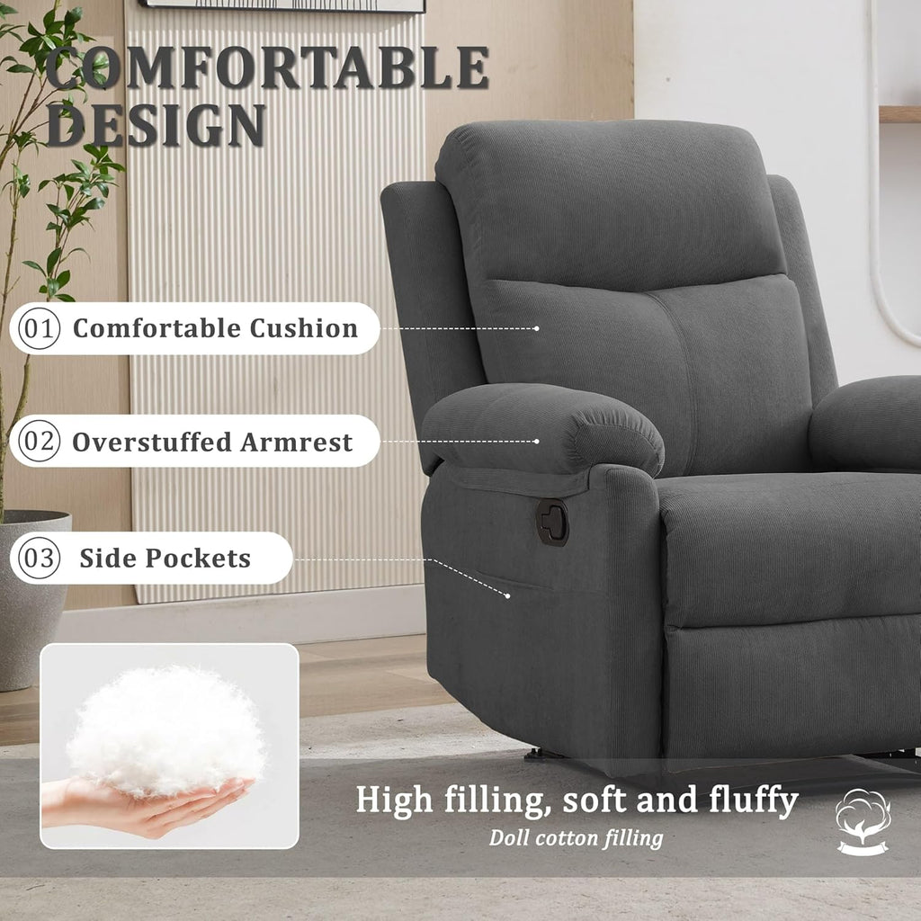 Korser Recliner Chair, Manual Recliner for Adults with Side Pocket, Small Recliners for Small Spaces, Adjustable Comfy Overstuffed Corduroy Reclining Chairs for Living Room, Reading, Bedroom, Grey
