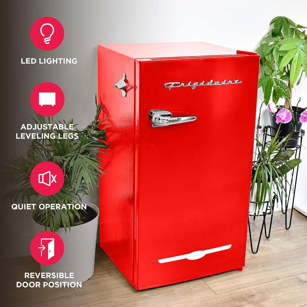 Frigidaire Retro Compact Fridge with Chiller, 3.2 cu ft Countertop Fridge with Built-In Bottle Opener, Compact Refrigerator for Office, Bedroom, Dorm Room or Cabin (Red)