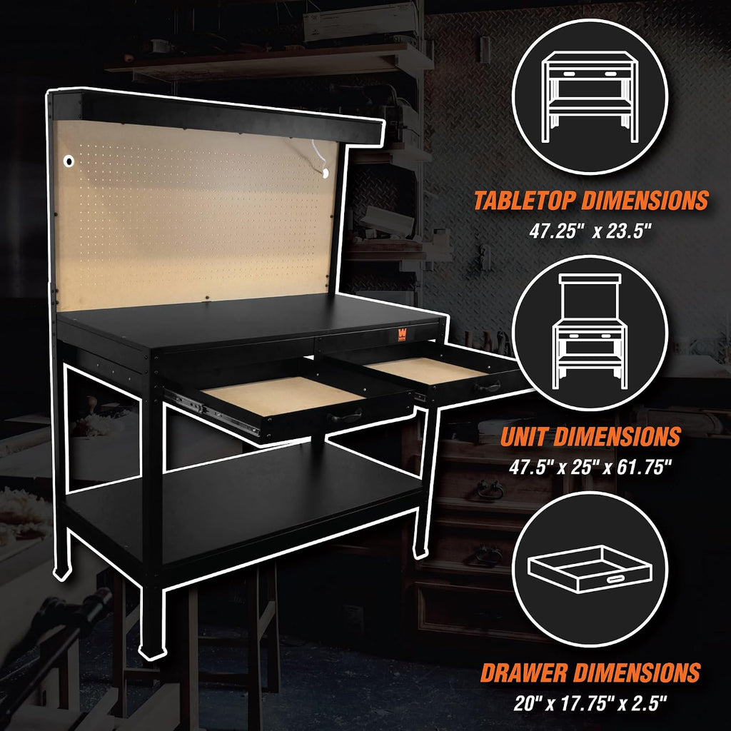 WEN WB4723T 48-Inch Workbench with Power Outlets and Light, Black