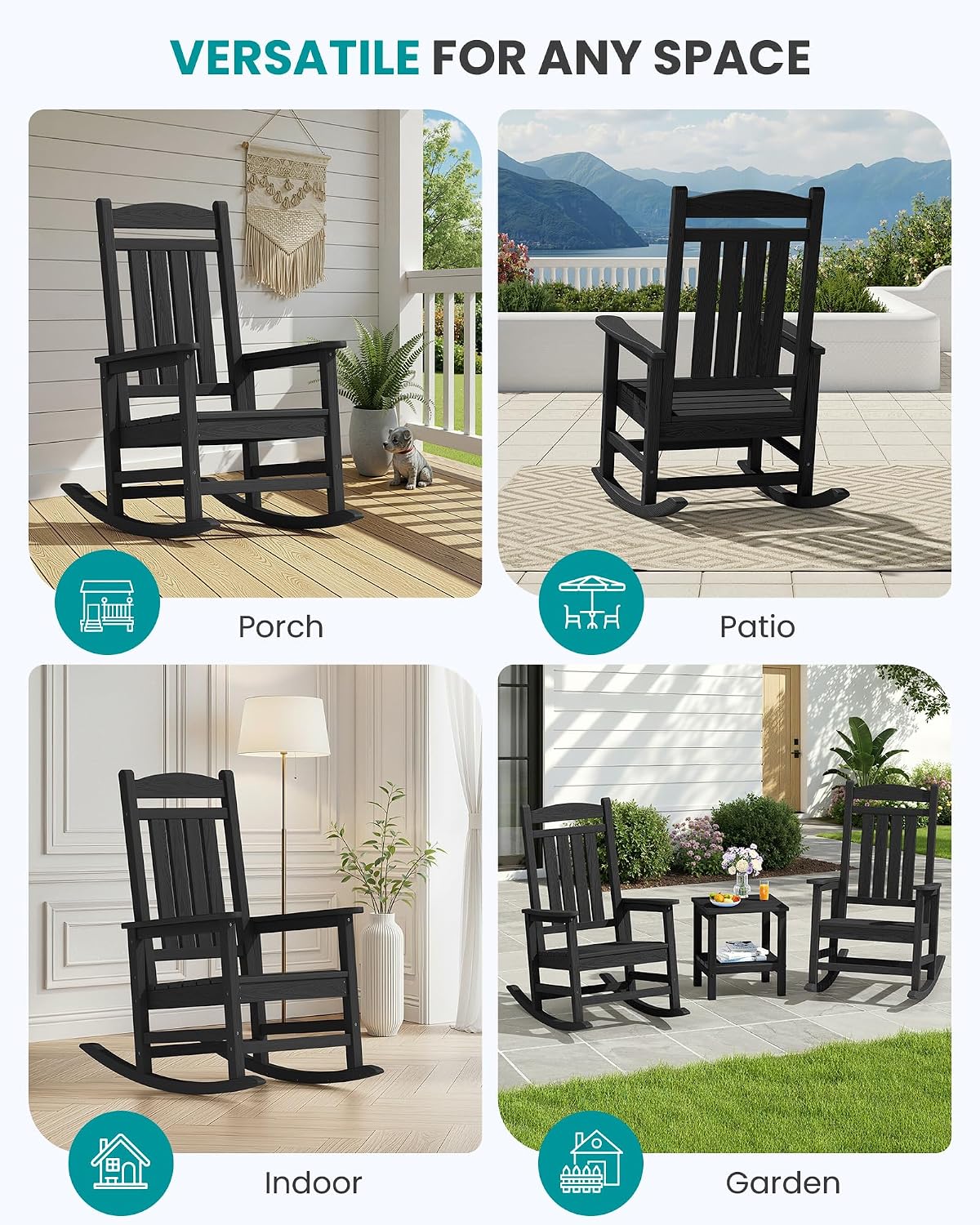 SERWALL Oversized HDPE Outdoor Rocking Chair Set of 2, Patio Rocking Chairs, All-Weather Porch Rockers for Adults, Black