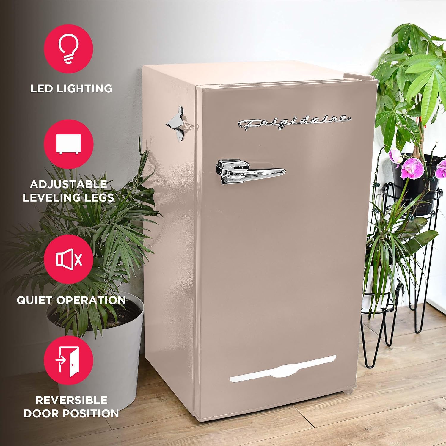 Frigidaire Retro Compact Fridge with Chiller, 3.2 cu ft Countertop Fridge with Built-In Bottle Opener, Compact Refrigerator for Office, Bedroom, Dorm Room or Cabin - 16.5' D x 19' W x 31' H (Coral)