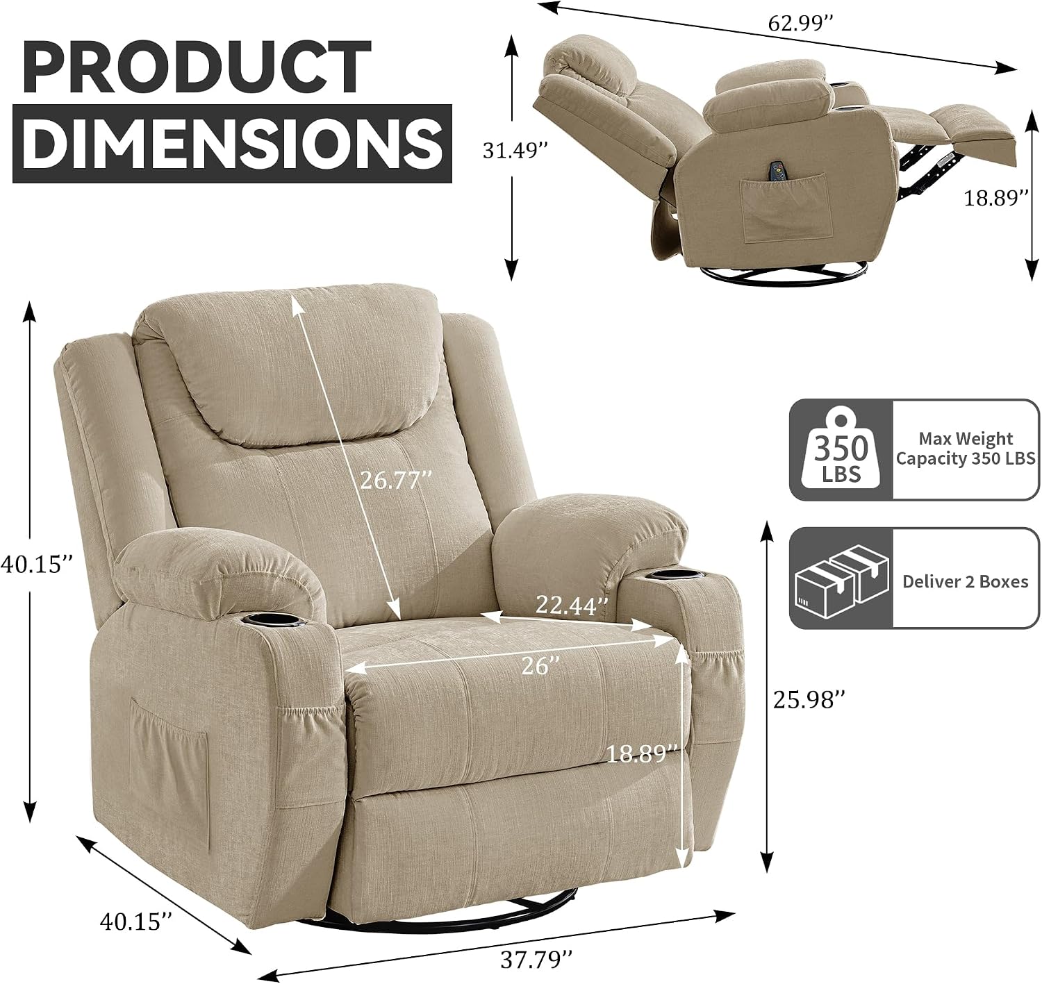 Korser Oversized Recliner Chair, 360° Swivel Recliner for Adults, Swivel Rocker Recliner Chair with Heat and Massage, Manual Recliner with Remote Control and Cup Holders for Living Room, Chenille