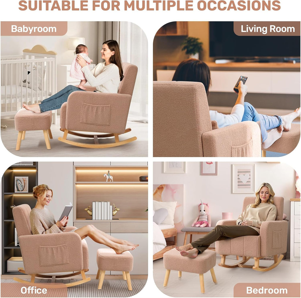 HCHAIRH Rocking Nursery Chair with Ottoman, Upholstered Glider Rocker with Side Pocket, Comfy Reading Chair with Solid Wood Legs for Nursery, Living Room,Bedroom, Coffee