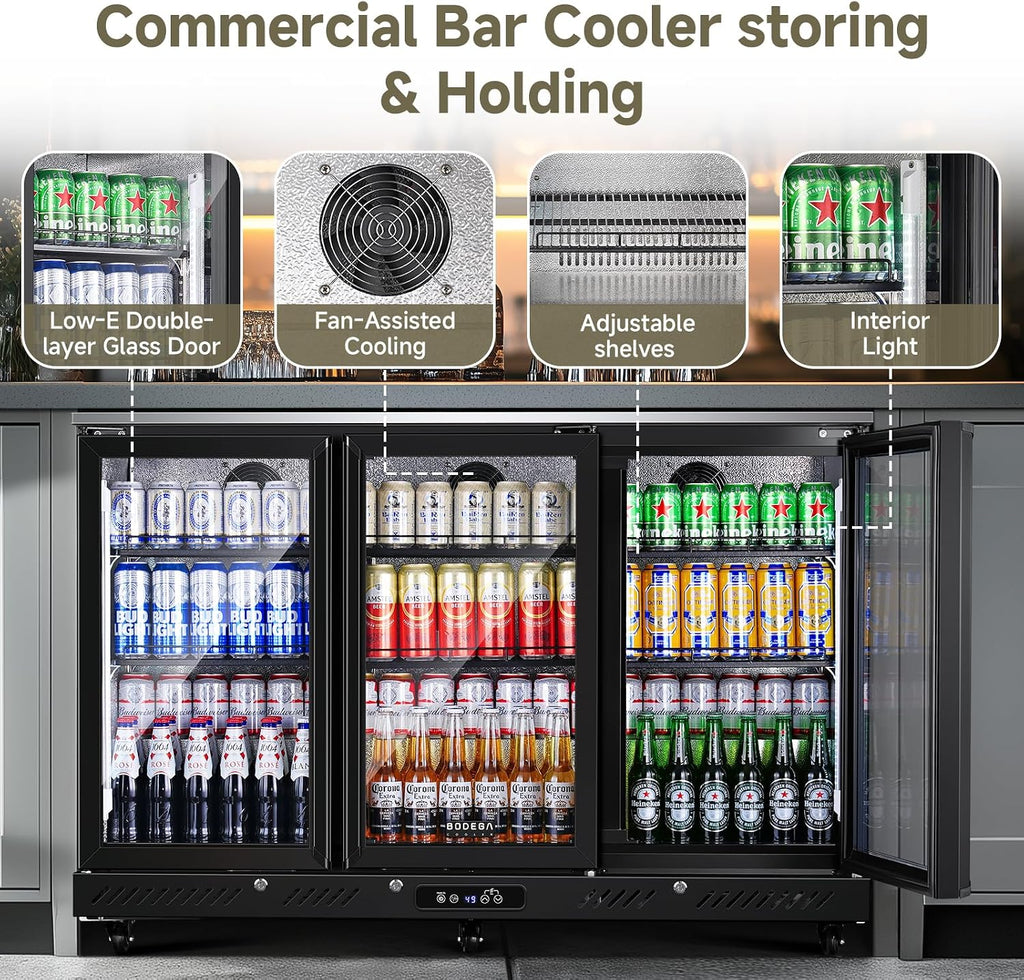 BODEGACOOLER Commercial Bar Cooler With 3 Glass Doors,12 Cu.Ft Counter Height Back Beverage Refrigerator,Display Bar Fridge with LED Lighting,Beverage Cooler for Beer Stainless Steel Top,With Casters
