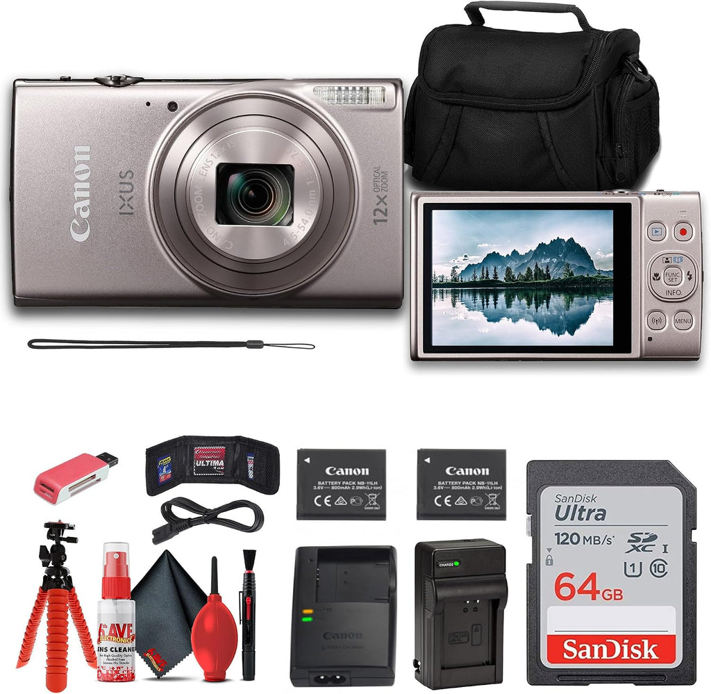 Canon PowerShot IXUS 285 HS 12X Optical Zoom Digital Camera (Silver) (1079C001) + NB11L Battery + 64GB Memory Card + Case + Charger + Card Reader + Flex Tripod + Cleaning Kit + Memory Wallet