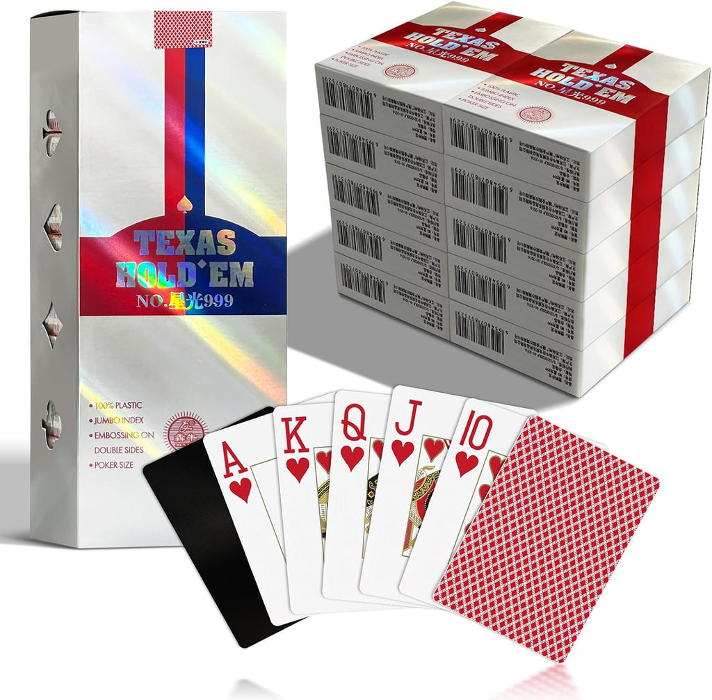 Ben Niu 10 Decks Plastic Playing Cards with Cut Cards, Professional Texas Holdem Poker Size Casino Grade Waterproof PVC Cards, Jumbo Index Large Print for Tournament, Classic Bee Back Red