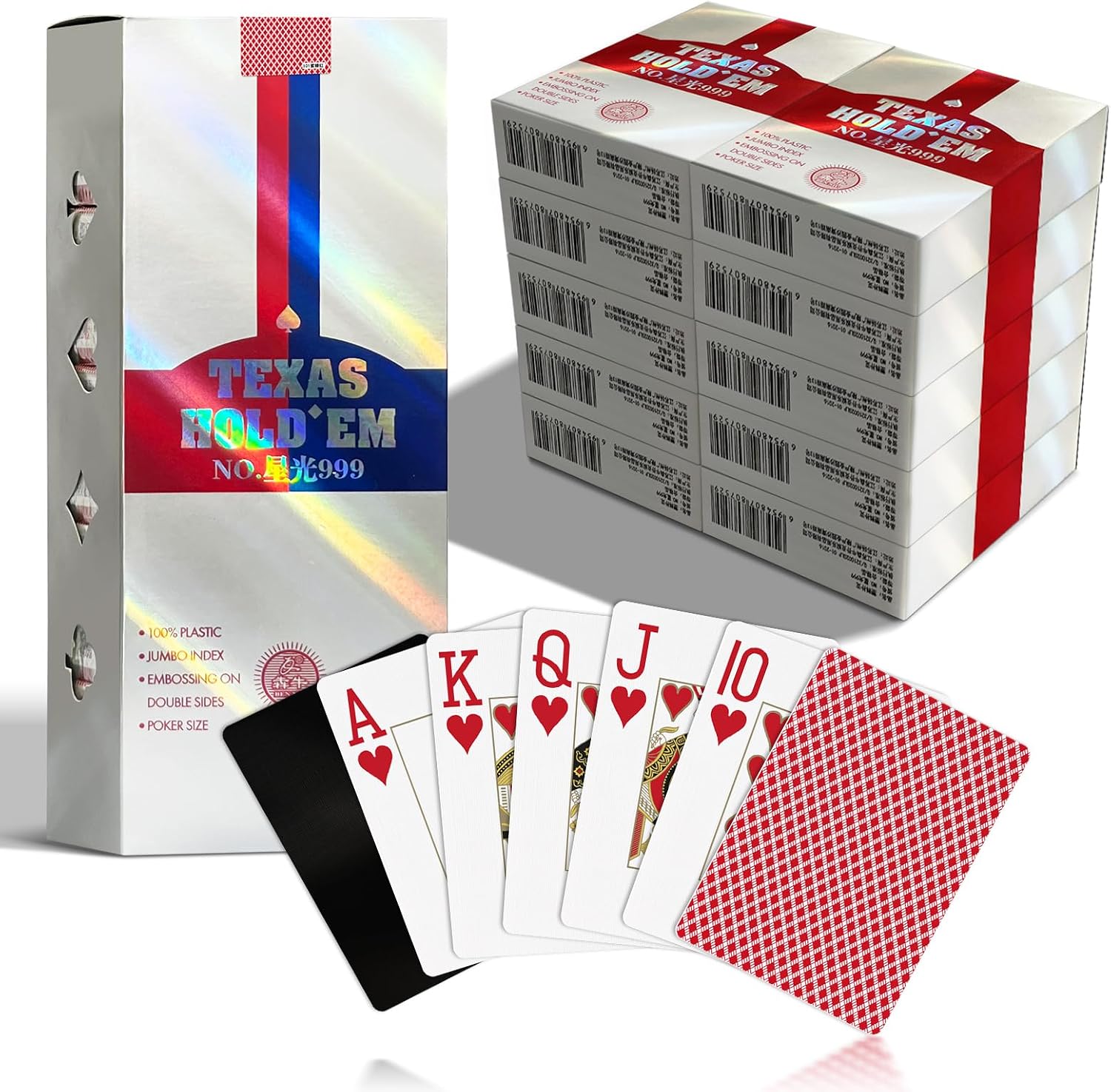 Ben Niu 10 Decks Plastic Playing Cards with Cut Cards, Professional Texas Holdem Poker Size Casino Grade Waterproof PVC Cards, Jumbo Index Large Print for Tournament, Classic Bee Back Red