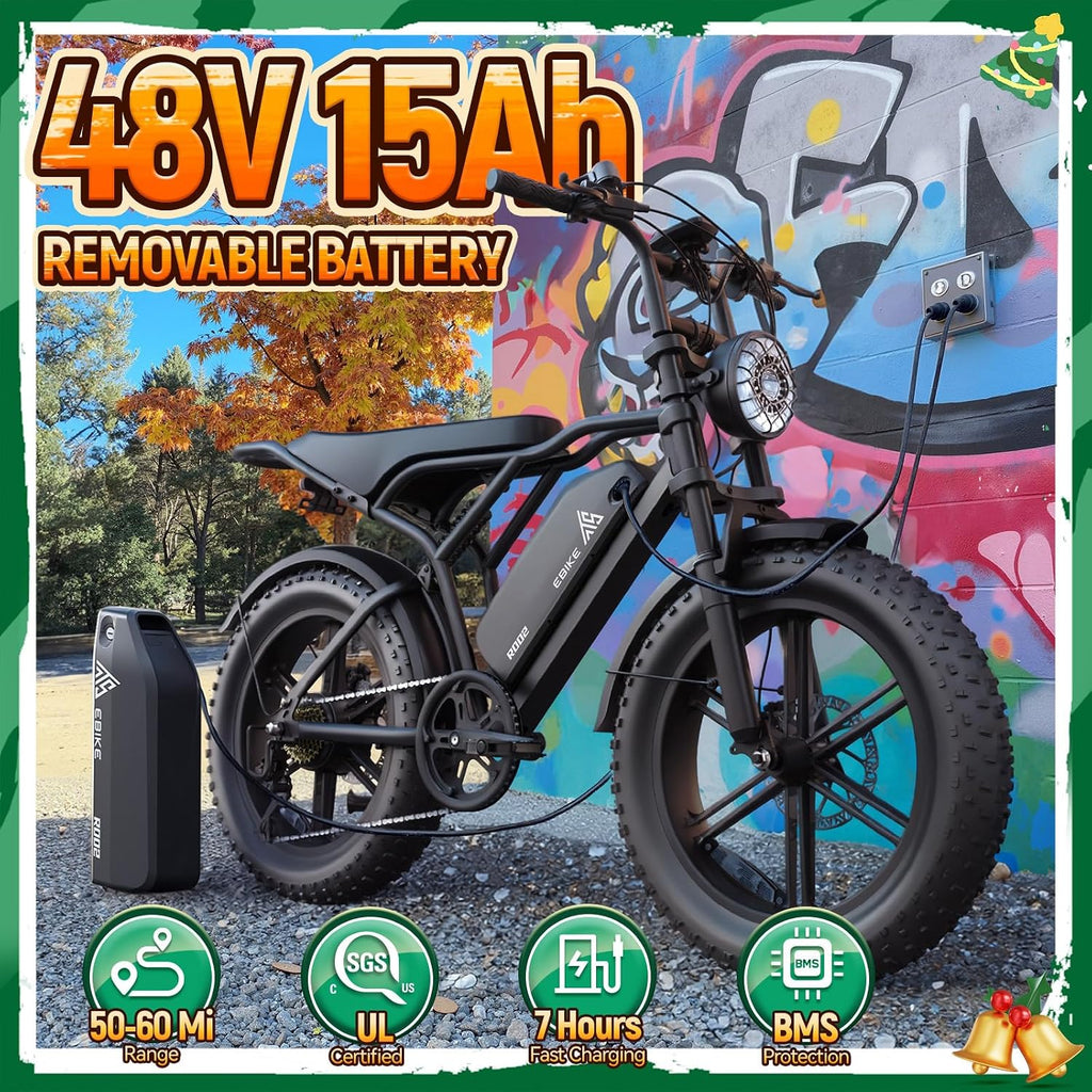 TST Electric Bike for Adults, 1500W Peak Motor 60 Miles Fat Tire Ebike with 48V 15Ah Removable Battery 20' Fat Tire Electric Bike, Full Suspension and 7-Speed